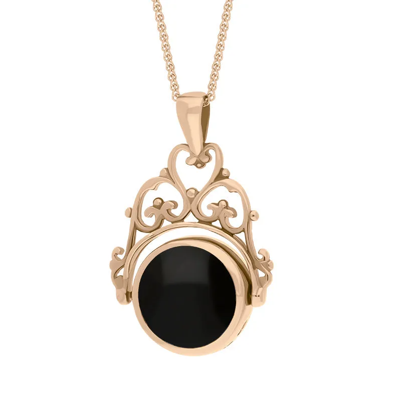 18ct Rose Gold Whitby Jet Mother Of Pearl Double Sided Round Swivel Fob Necklace