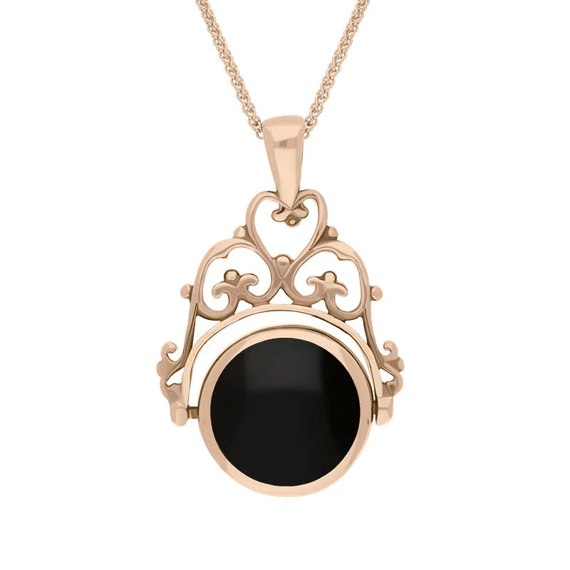 18ct Rose Gold Whitby Jet Mother Of Pearl Double Sided Round Swivel Fob Necklace