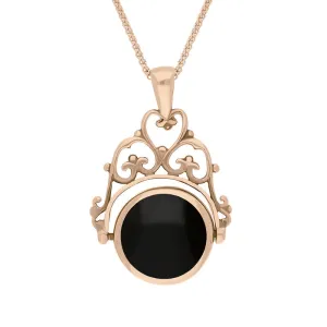 18ct Rose Gold Whitby Jet Mother Of Pearl Double Sided Round Swivel Fob Necklace