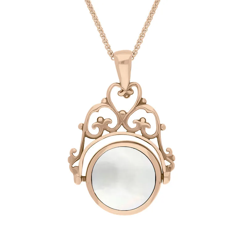18ct Rose Gold Whitby Jet Mother Of Pearl Double Sided Round Swivel Fob Necklace