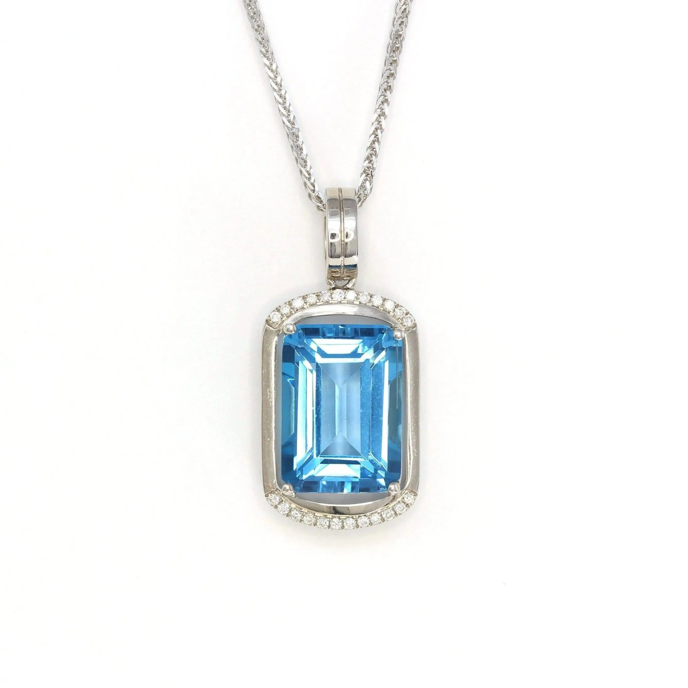 18k White Gold Genuine Topaz & Diamonds Pendant Necklace