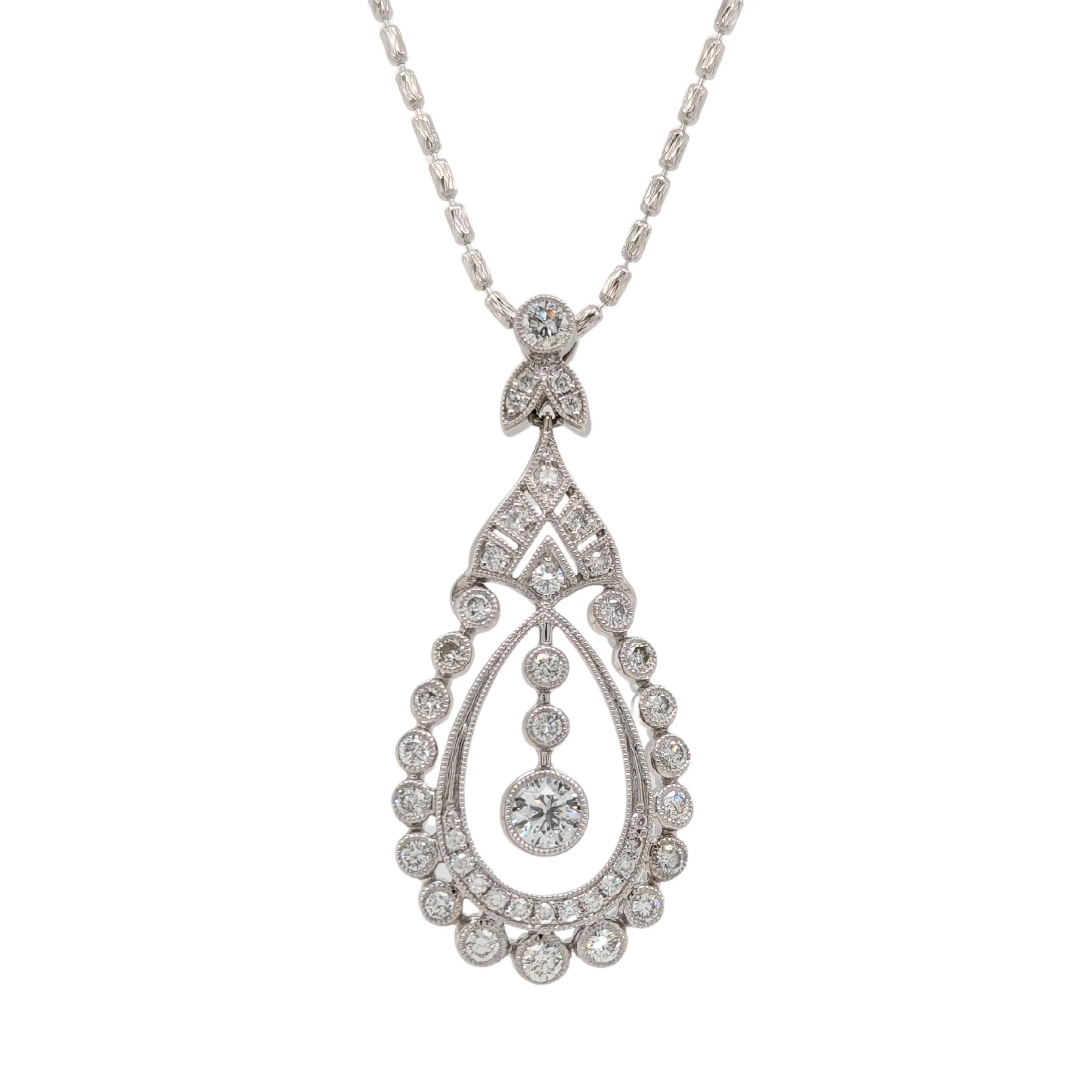 18K White Gold Vintage Style Diamond Milgrain Teardrop Necklace