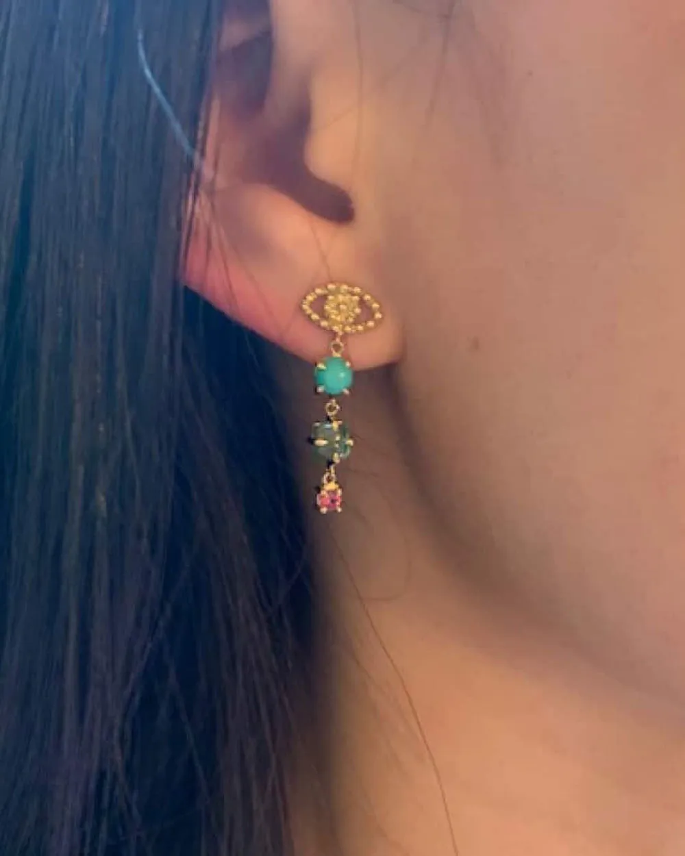 18k Yellow Gold Pink and Blue Eye Earrings