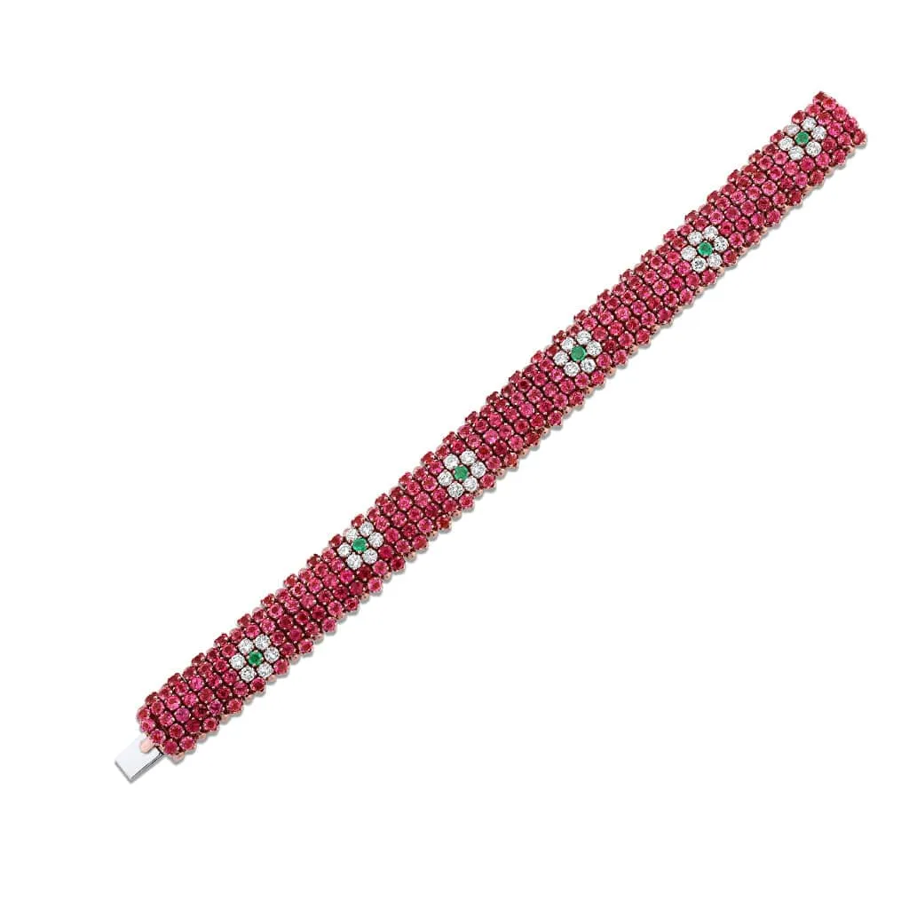 18k Yellow Rose Gold Pink Sapphire Emerald Diamond Caterpillar Bracelet