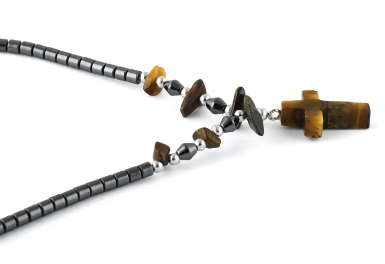 18" Tiger Eye Cross Stone Hematite Necklace