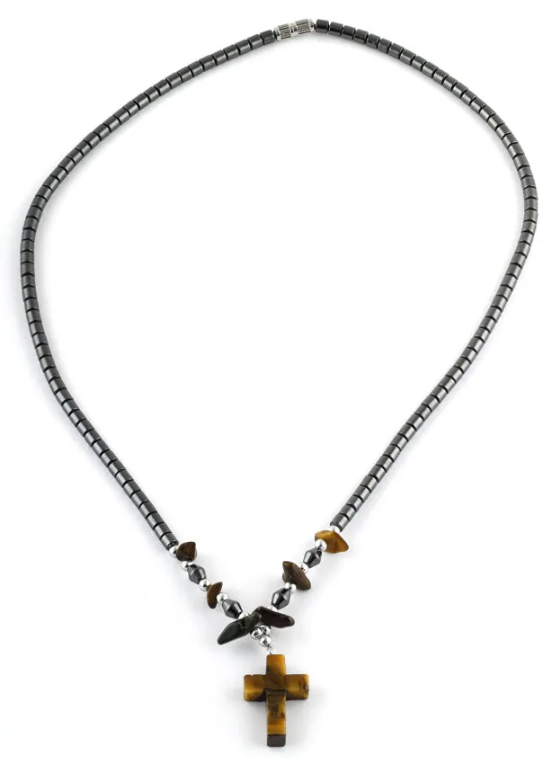 18" Tiger Eye Cross Stone Hematite Necklace