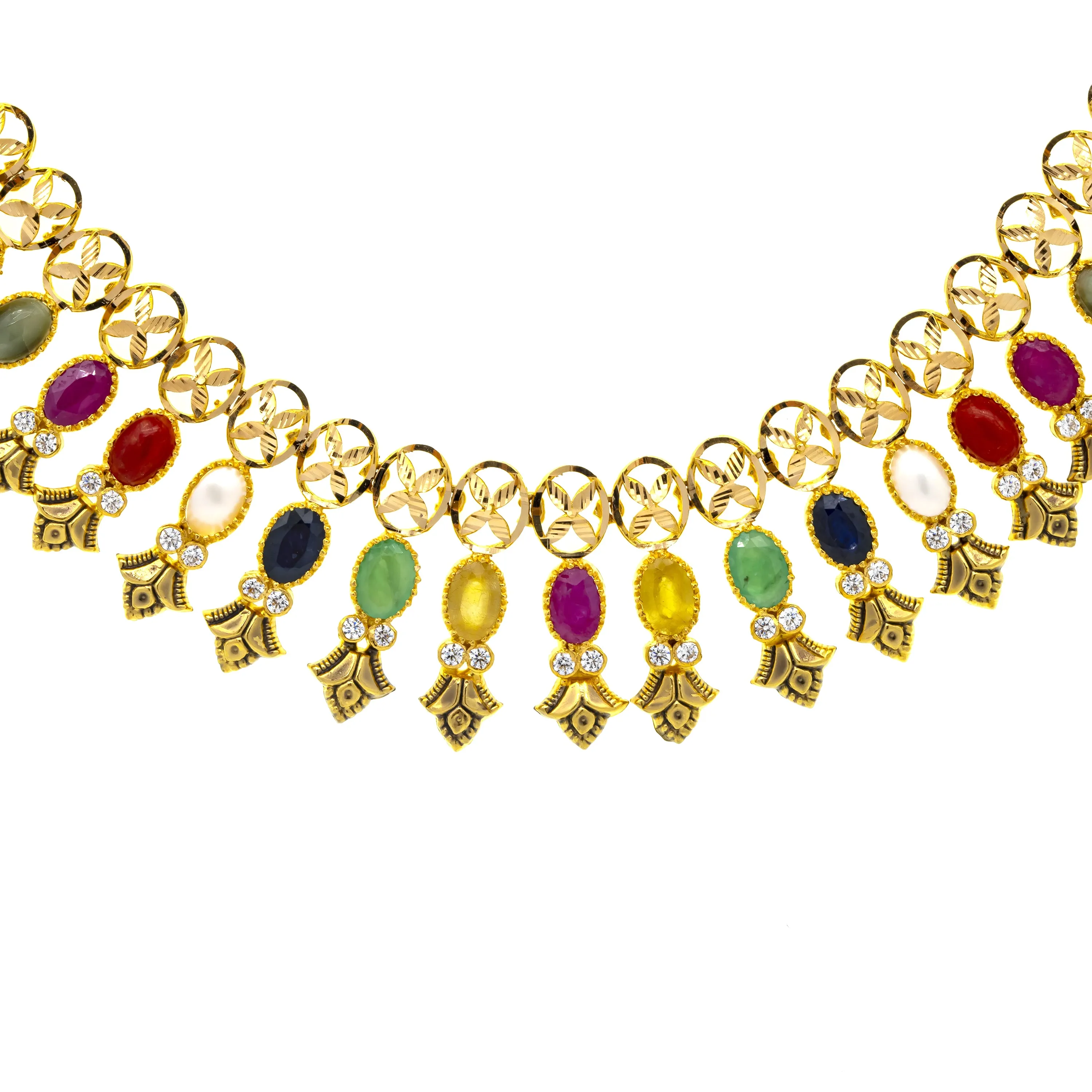 22K Yellow Gold 18 Inch Necklace w/ Emerald, Ruby, CZ, & Sapphire (34.5gm)