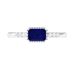 3/4 CT Octagon Cut Blue Sapphire East West Engagement Ring with Diamond