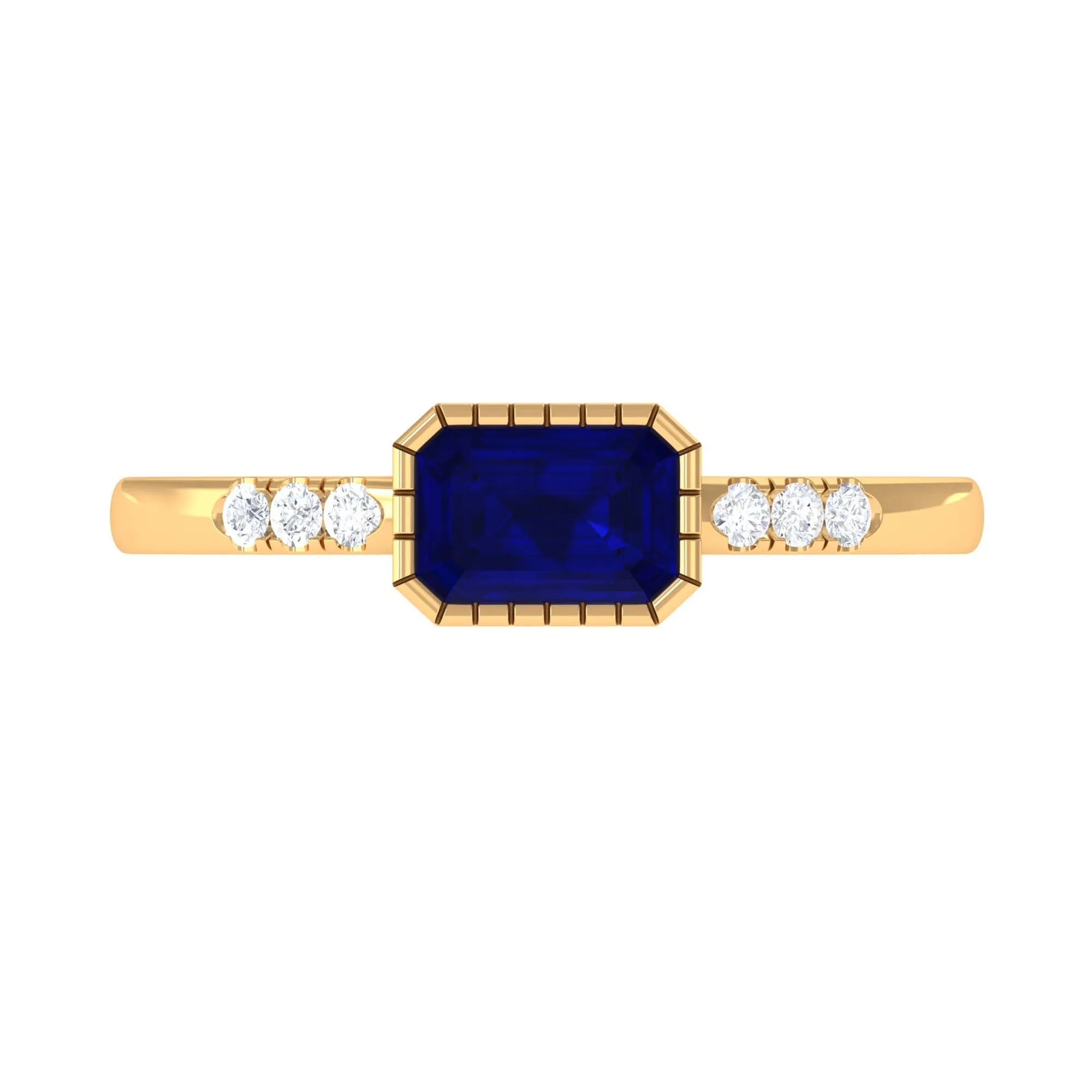 3/4 CT Octagon Cut Blue Sapphire East West Engagement Ring with Diamond