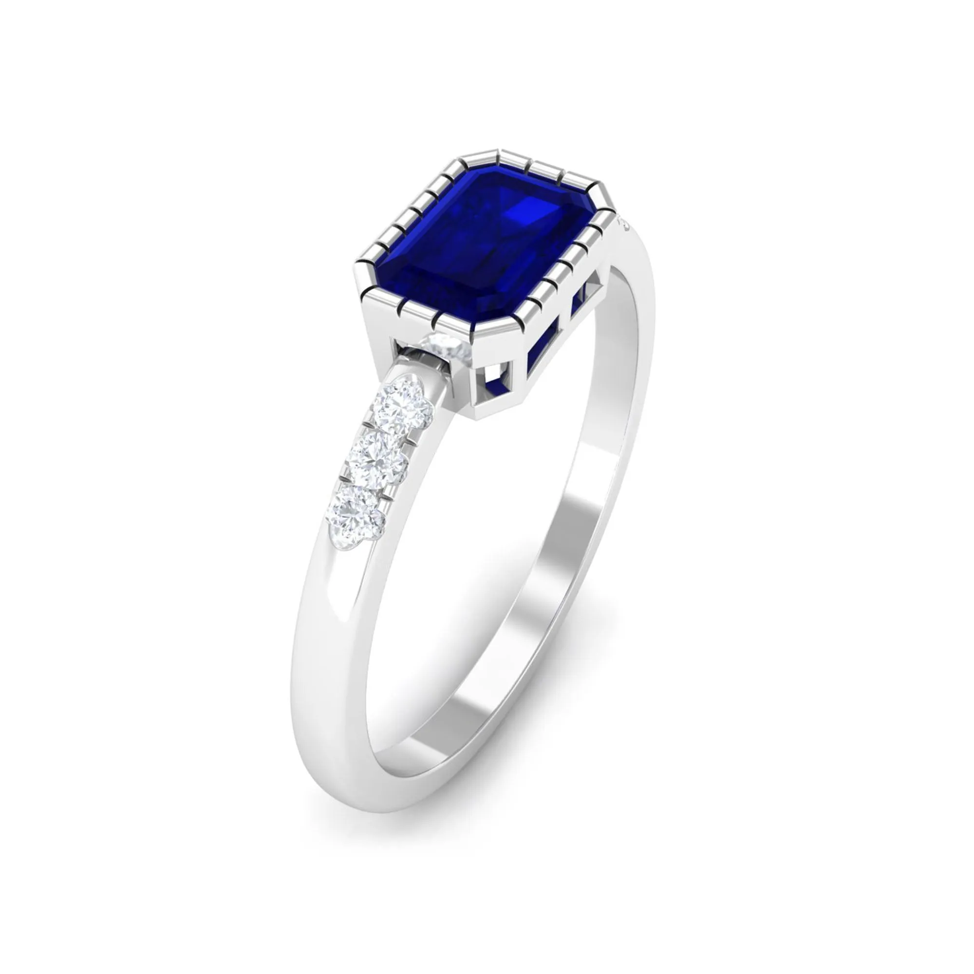 3/4 CT Octagon Cut Blue Sapphire East West Engagement Ring with Diamond