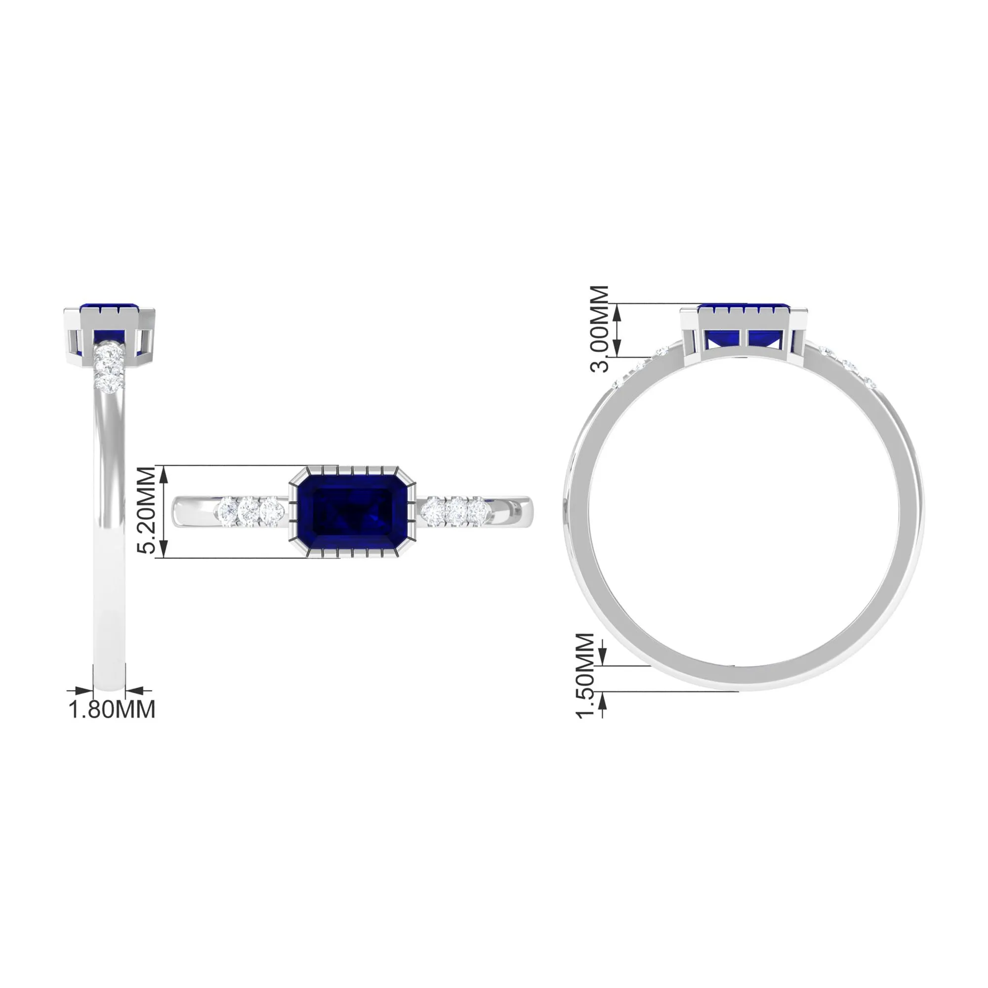 3/4 CT Octagon Cut Blue Sapphire East West Engagement Ring with Diamond