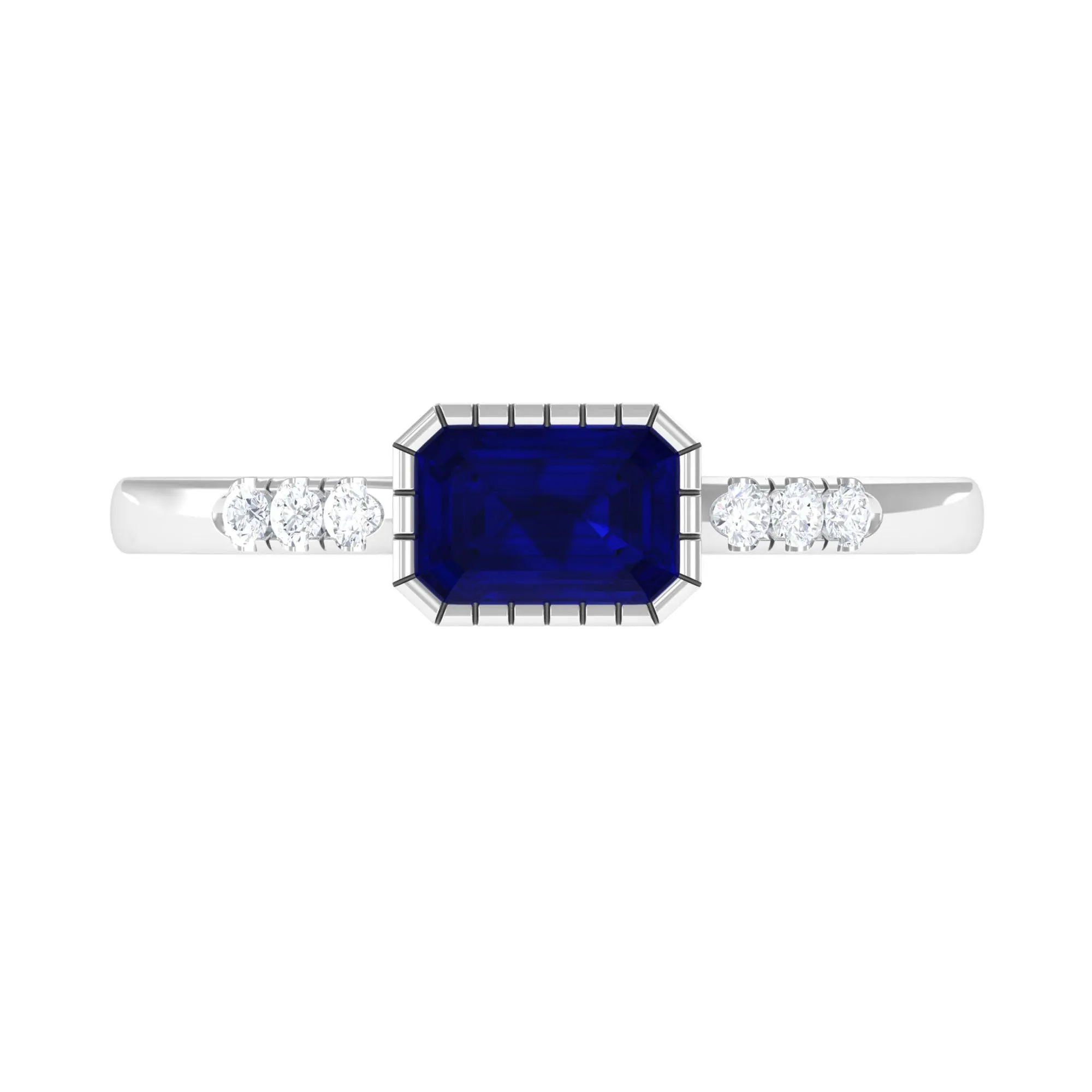 3/4 CT Octagon Cut Blue Sapphire East West Engagement Ring with Diamond