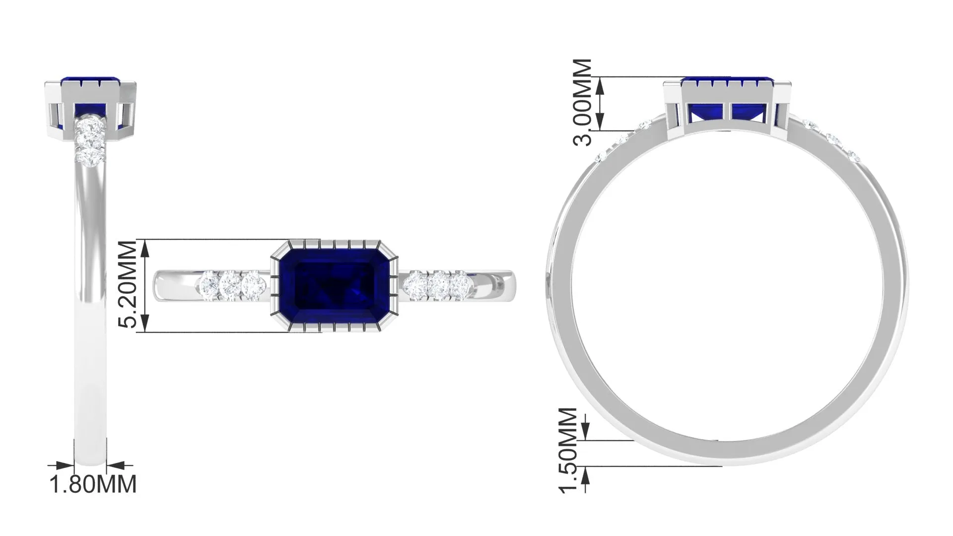 3/4 CT Octagon Cut Blue Sapphire East West Engagement Ring with Diamond