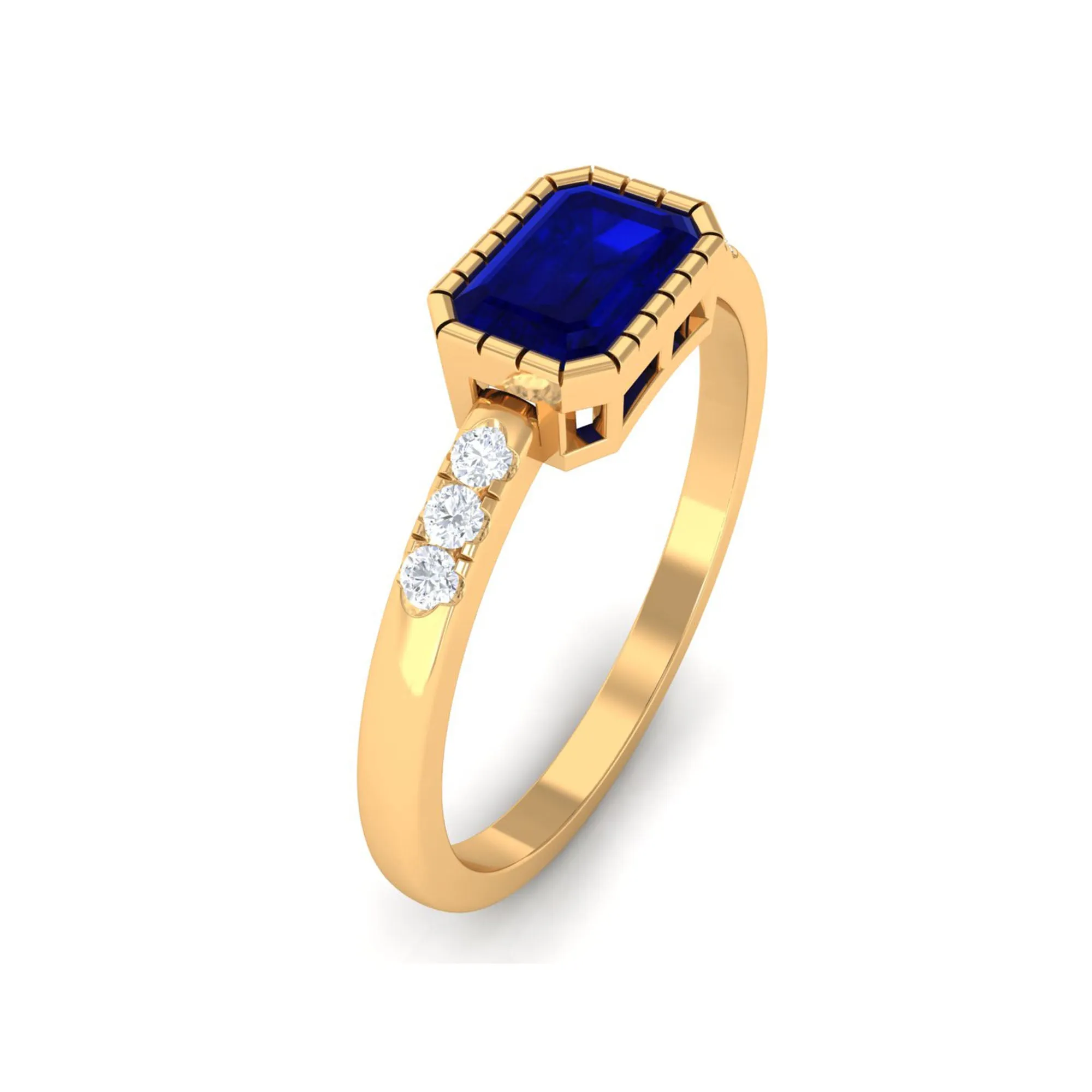 3/4 CT Octagon Cut Blue Sapphire East West Engagement Ring with Diamond