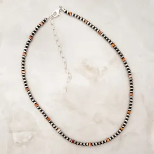 4mm Navajo Pearls & Orange Spiny Oyster Necklace Sterling Silver