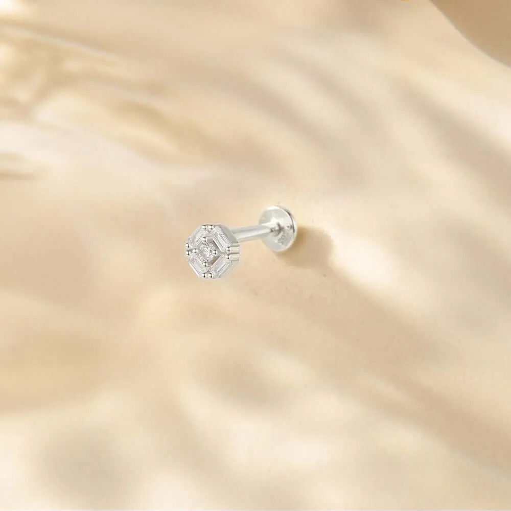925 Silver Round Center Circle CZ Diamond Flat Back Earrings