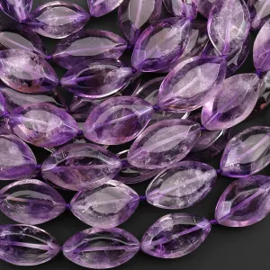 AAA Handcut Natural Amethyst Faceted Marquise Leaf Beads 15.5" Strand