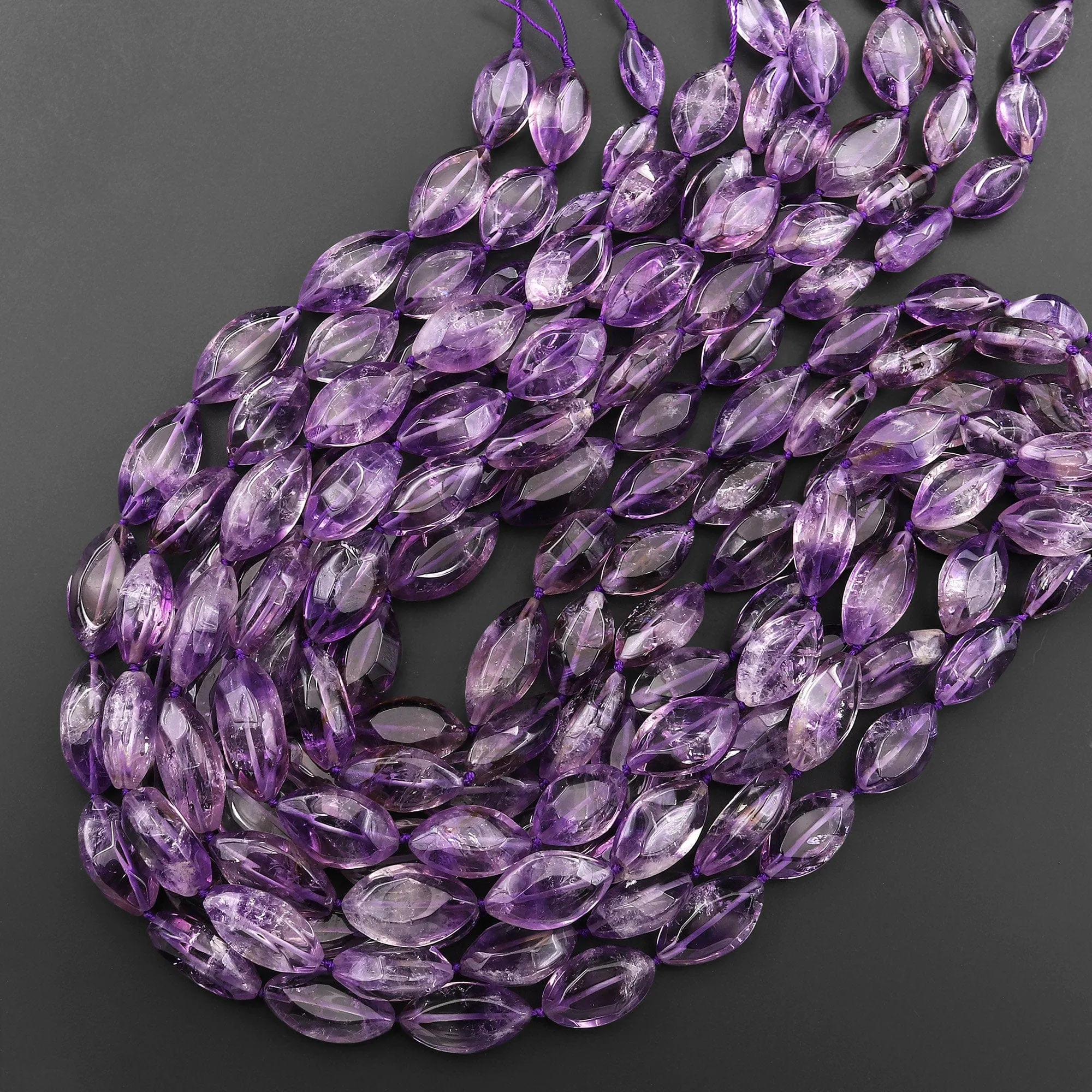 AAA Handcut Natural Amethyst Faceted Marquise Leaf Beads 15.5" Strand