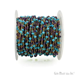 Amethyst & Turquoise 3-3.5mm Gold Plated Beaded Wire Wrapped Rosary Chain