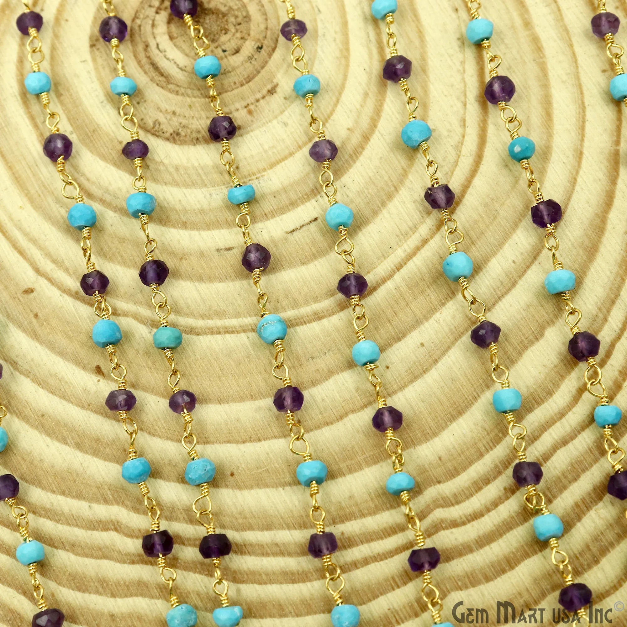Amethyst & Turquoise 3-3.5mm Gold Plated Beaded Wire Wrapped Rosary Chain