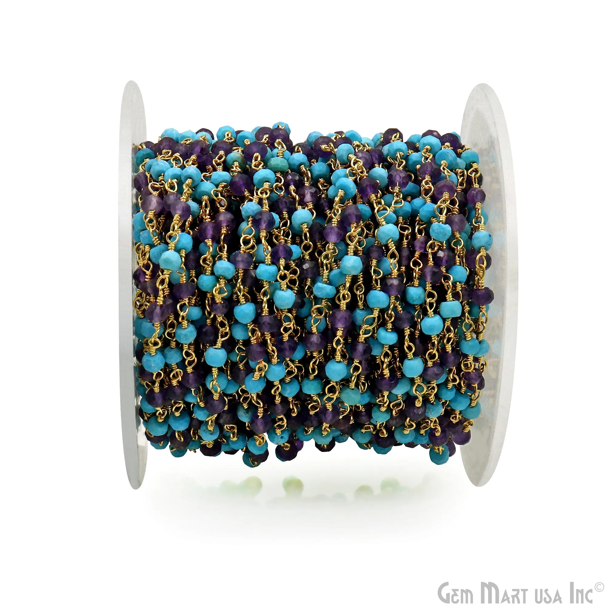Amethyst & Turquoise 3-3.5mm Gold Plated Beaded Wire Wrapped Rosary Chain