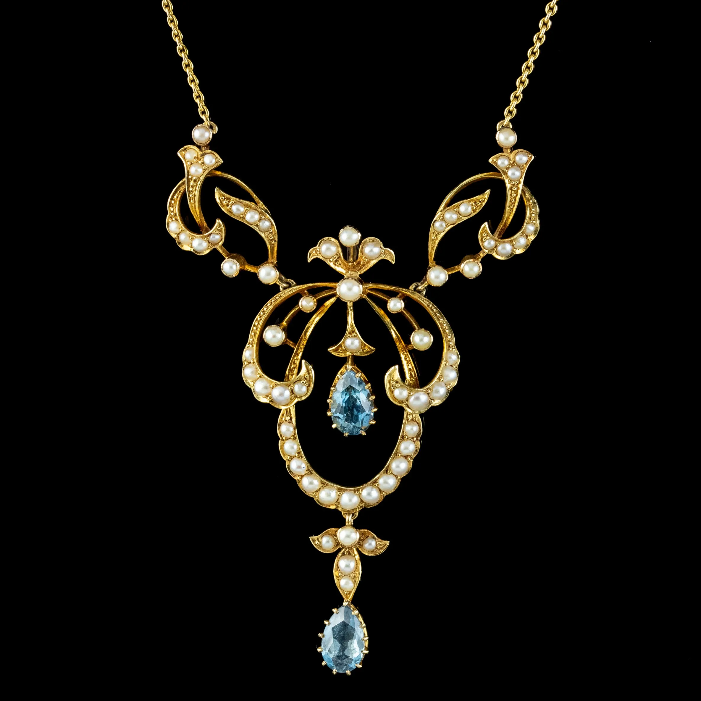 Antique Edwardian Aquamarine Pearl Lavaliere Necklace 15ct Gold