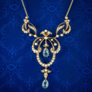 Antique Edwardian Aquamarine Pearl Lavaliere Necklace 15ct Gold