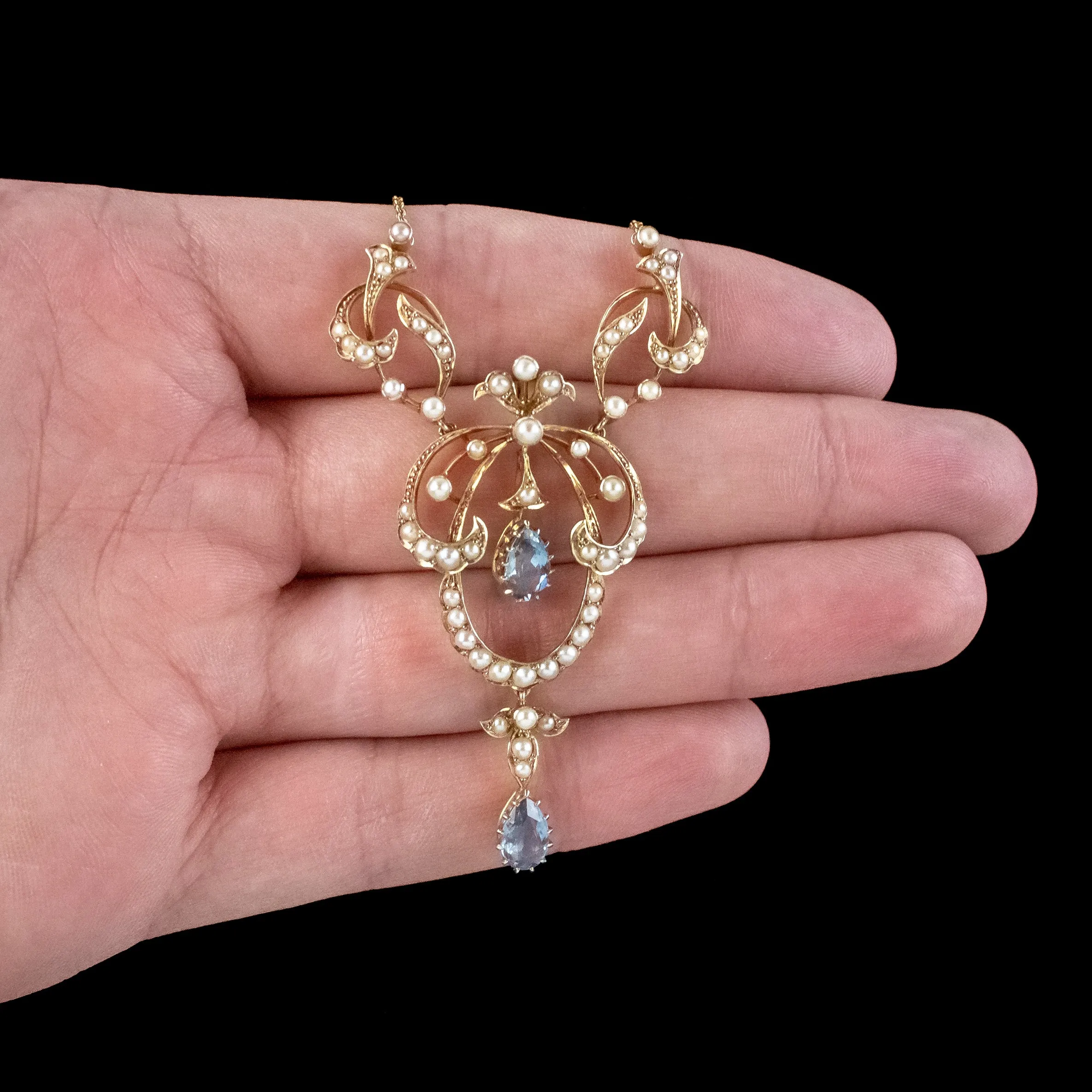 Antique Edwardian Aquamarine Pearl Lavaliere Necklace 15ct Gold