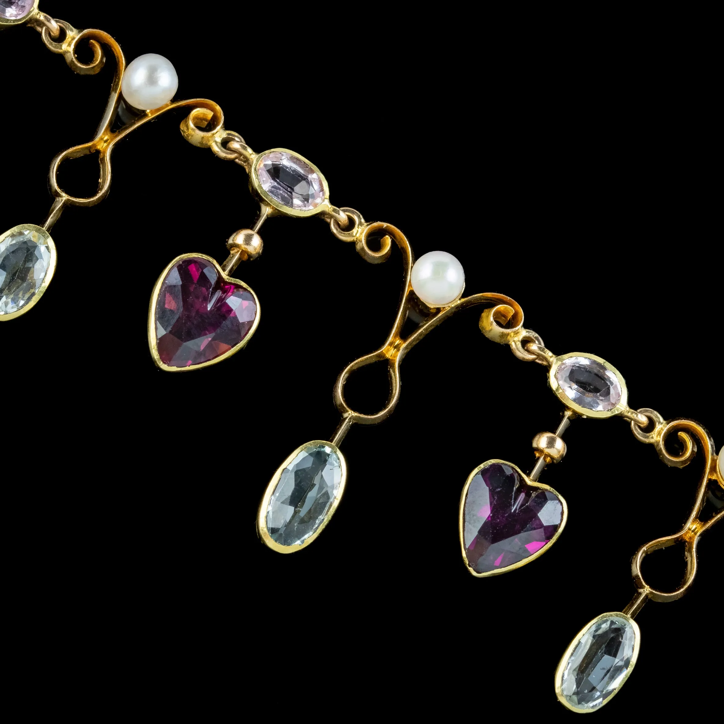 Antique Victorian Heart Dropper Necklace Aquamarine Garnet Pearl 15ct Gold