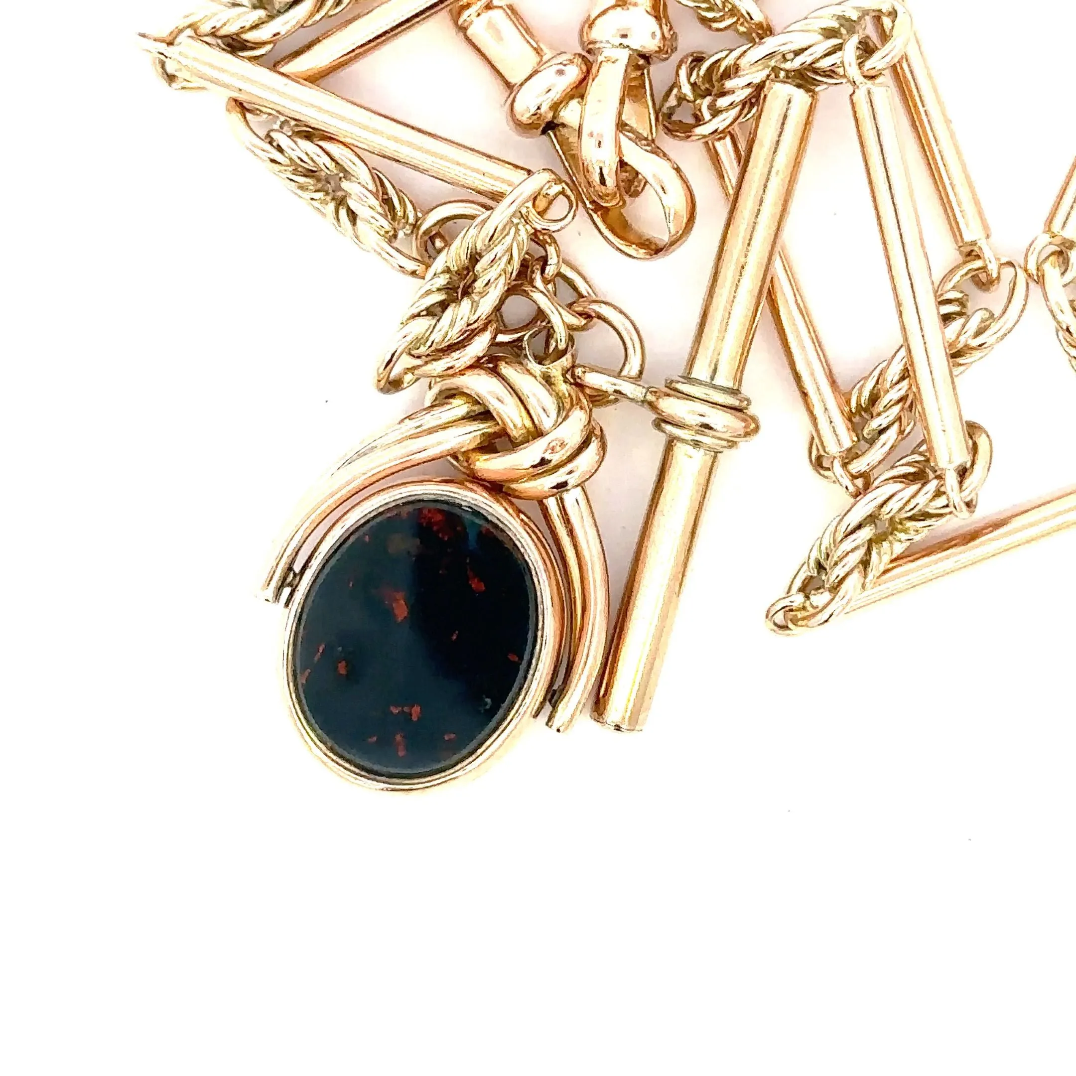 Antique/Vintage Yellow Gold Chain with Bloodstone & Carnelian Spinner Pendant