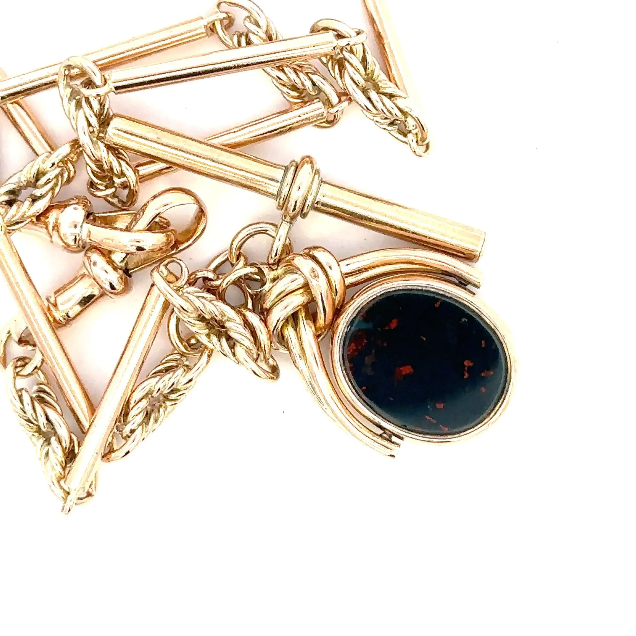Antique/Vintage Yellow Gold Chain with Bloodstone & Carnelian Spinner Pendant