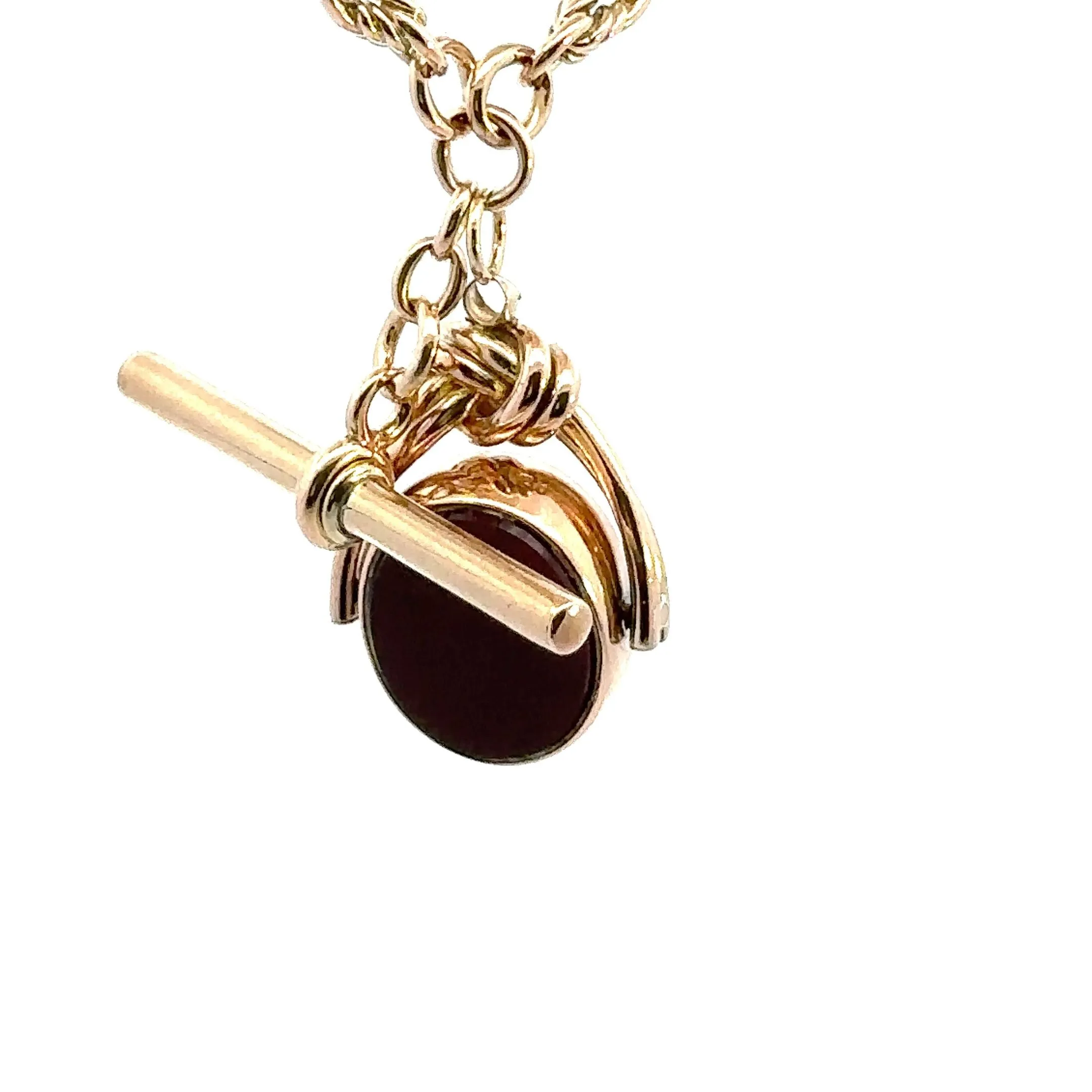Antique/Vintage Yellow Gold Chain with Bloodstone & Carnelian Spinner Pendant