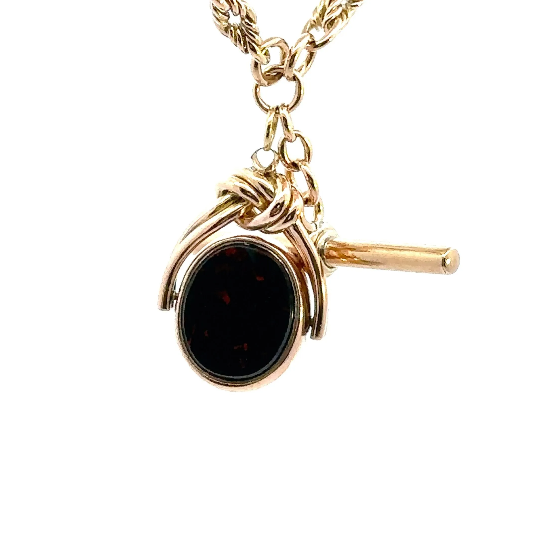 Antique/Vintage Yellow Gold Chain with Bloodstone & Carnelian Spinner Pendant