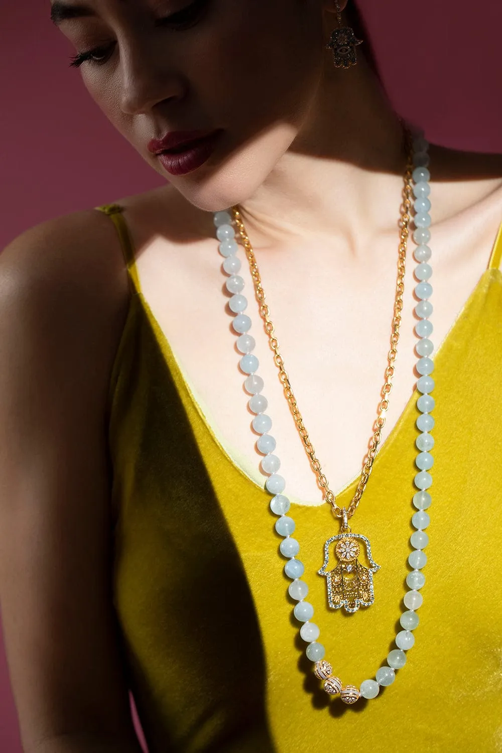 Aquamarine and Mandala Bead Necklace
