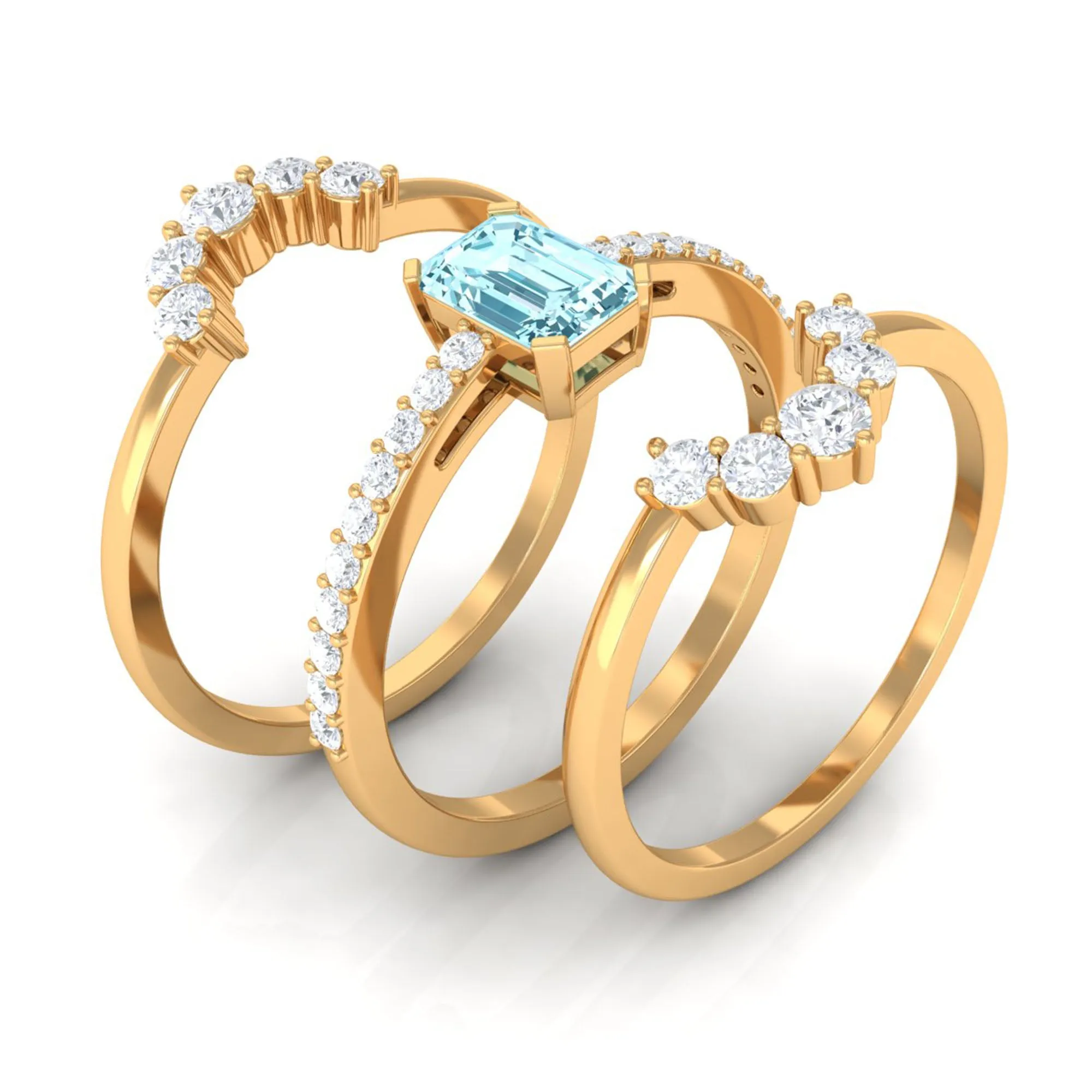 Aquamarine Solitaire Trio Ring Set with Diamond