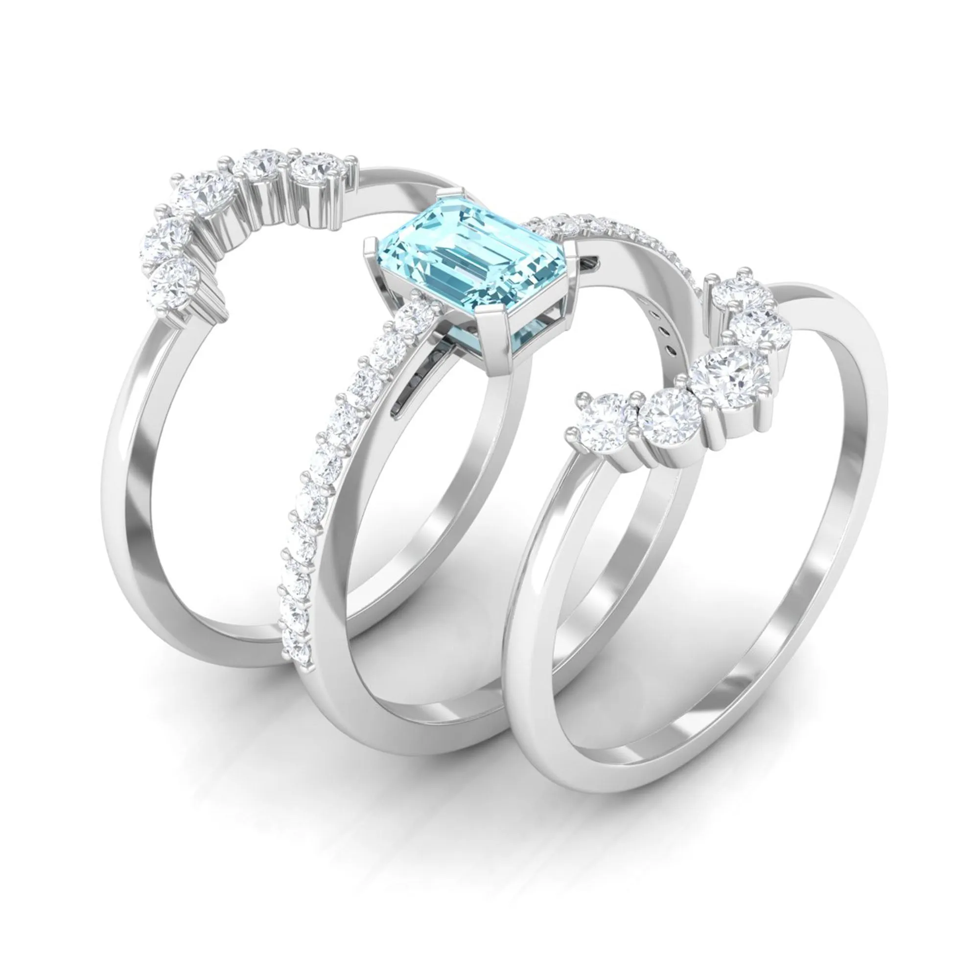 Aquamarine Solitaire Trio Ring Set with Diamond
