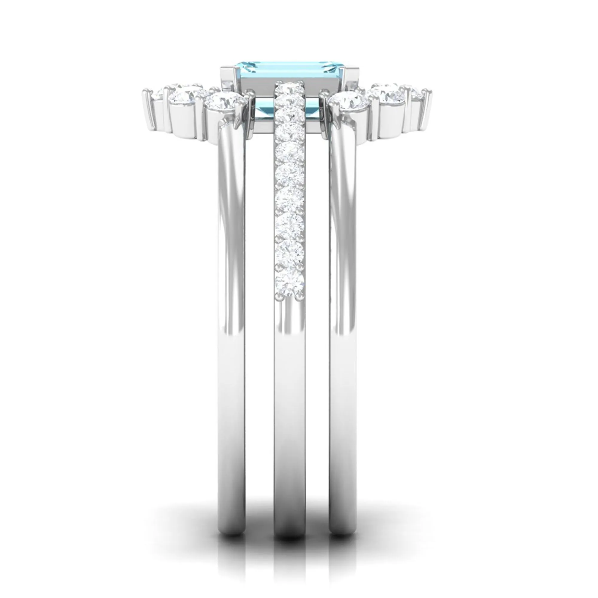 Aquamarine Solitaire Trio Ring Set with Diamond