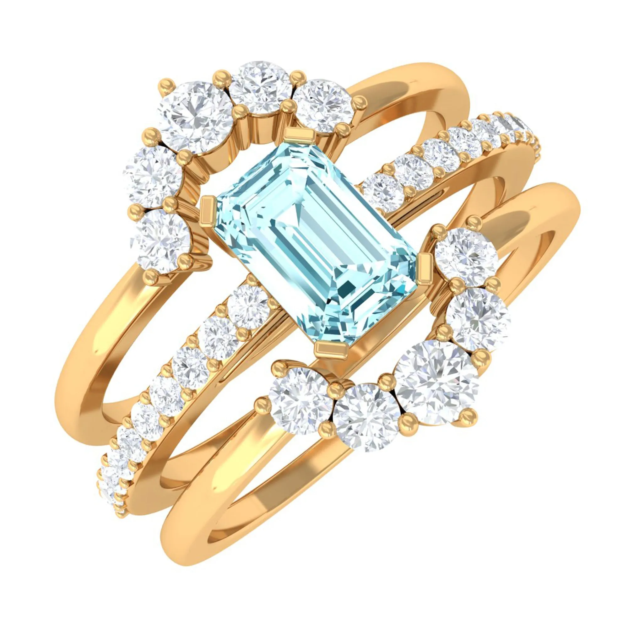 Aquamarine Solitaire Trio Ring Set with Diamond