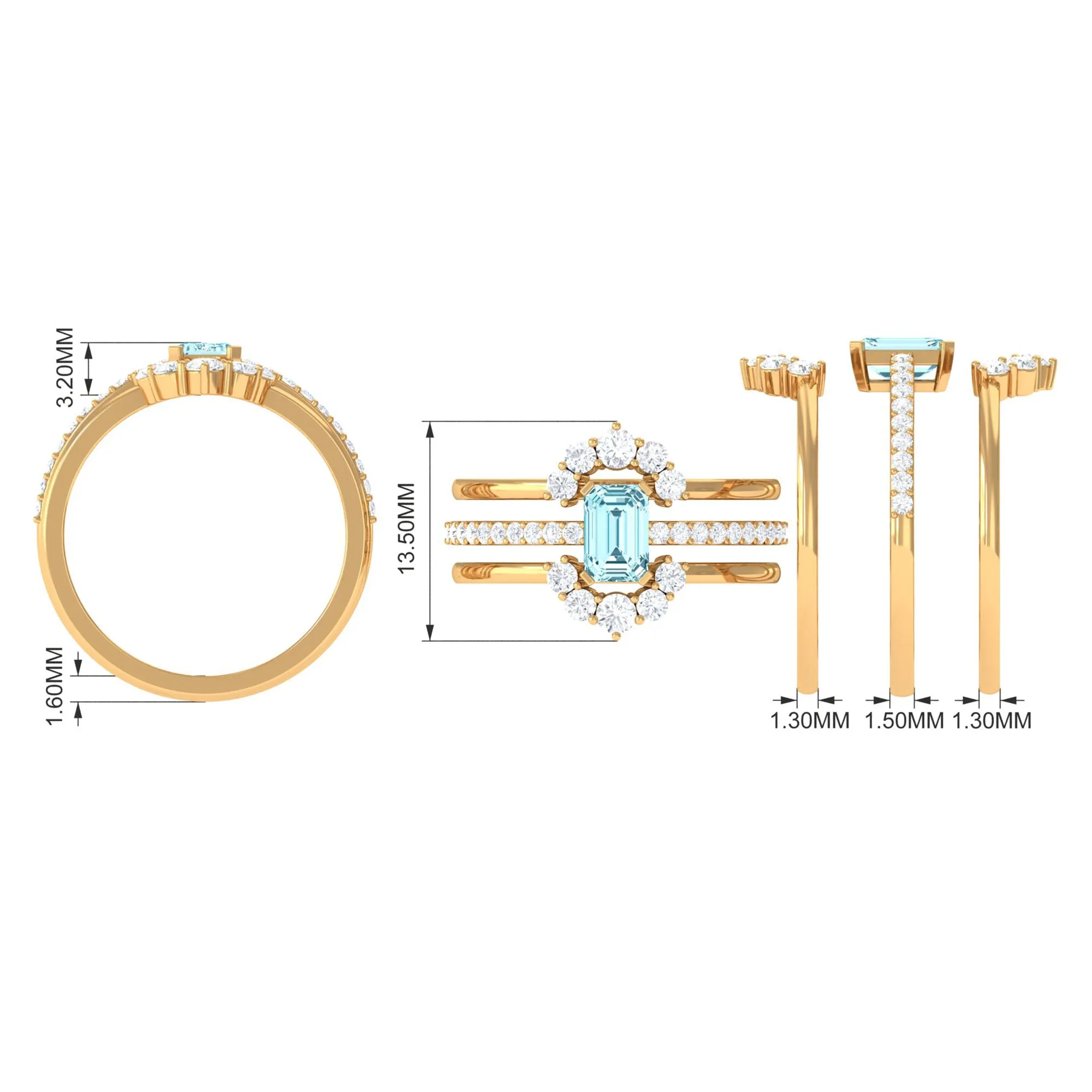 Aquamarine Solitaire Trio Ring Set with Diamond