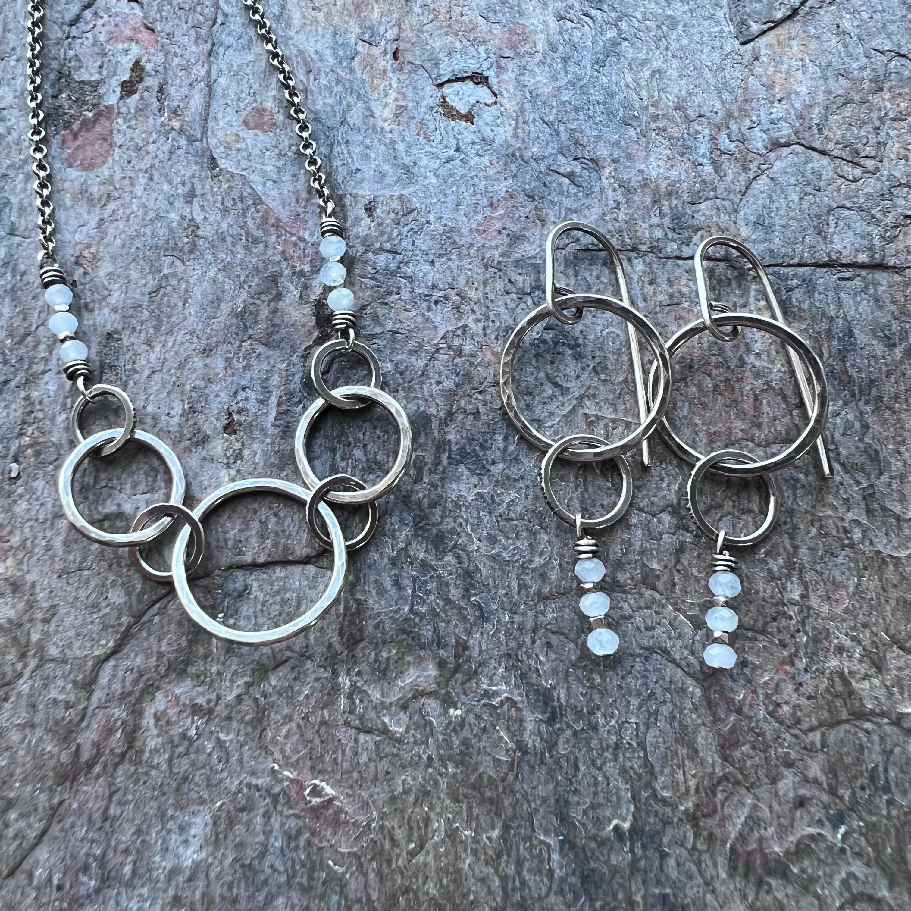 Aquamarine Sterling Silver Necklace - Genuine Aquamarine Rondelles and Hammered Sterling Silver Necklace