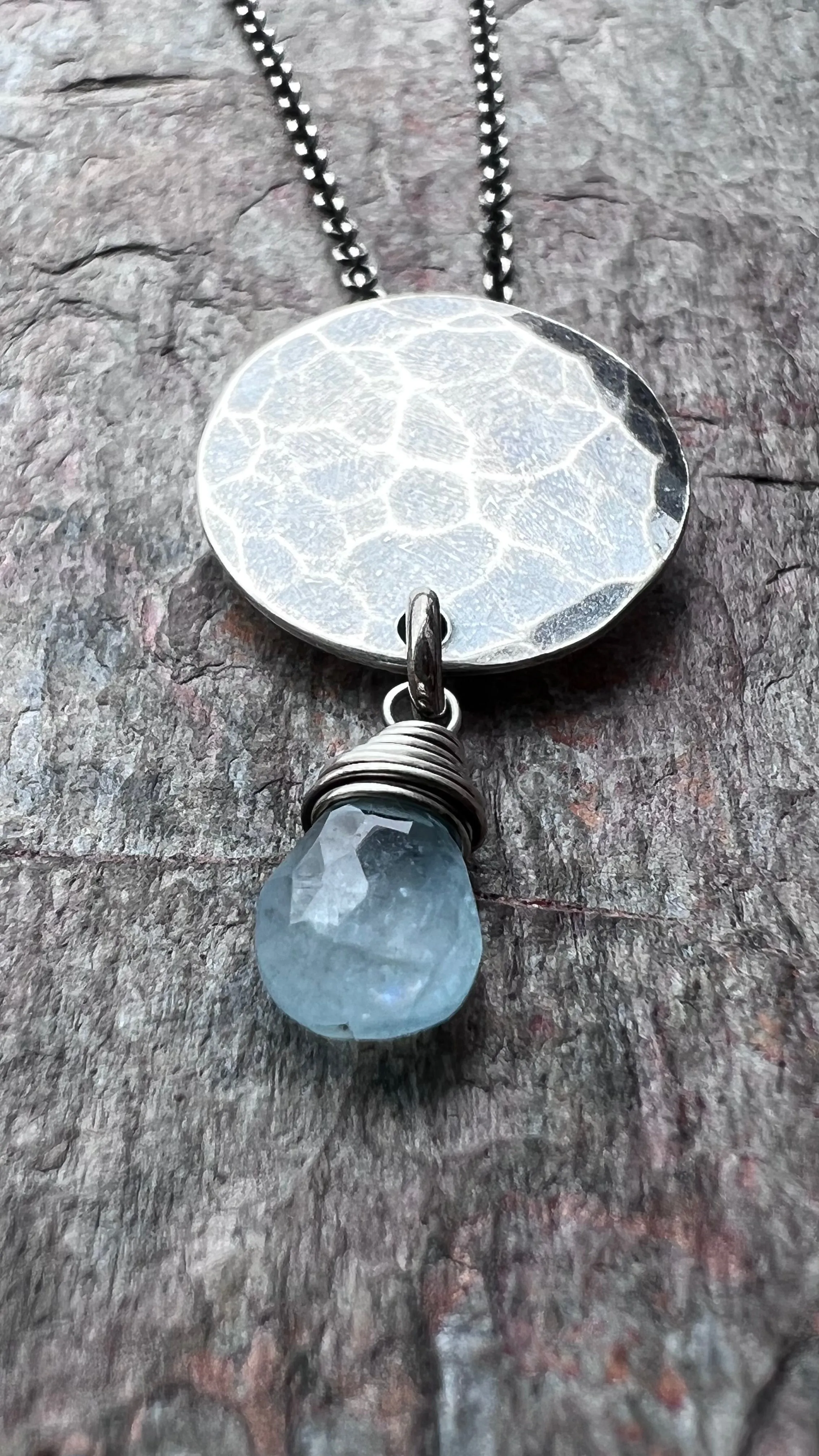Aquamarine Sterling Silver Necklace - Genuine Aquamarine Teardrop on Hammered Sterling Silver Circle Necklace