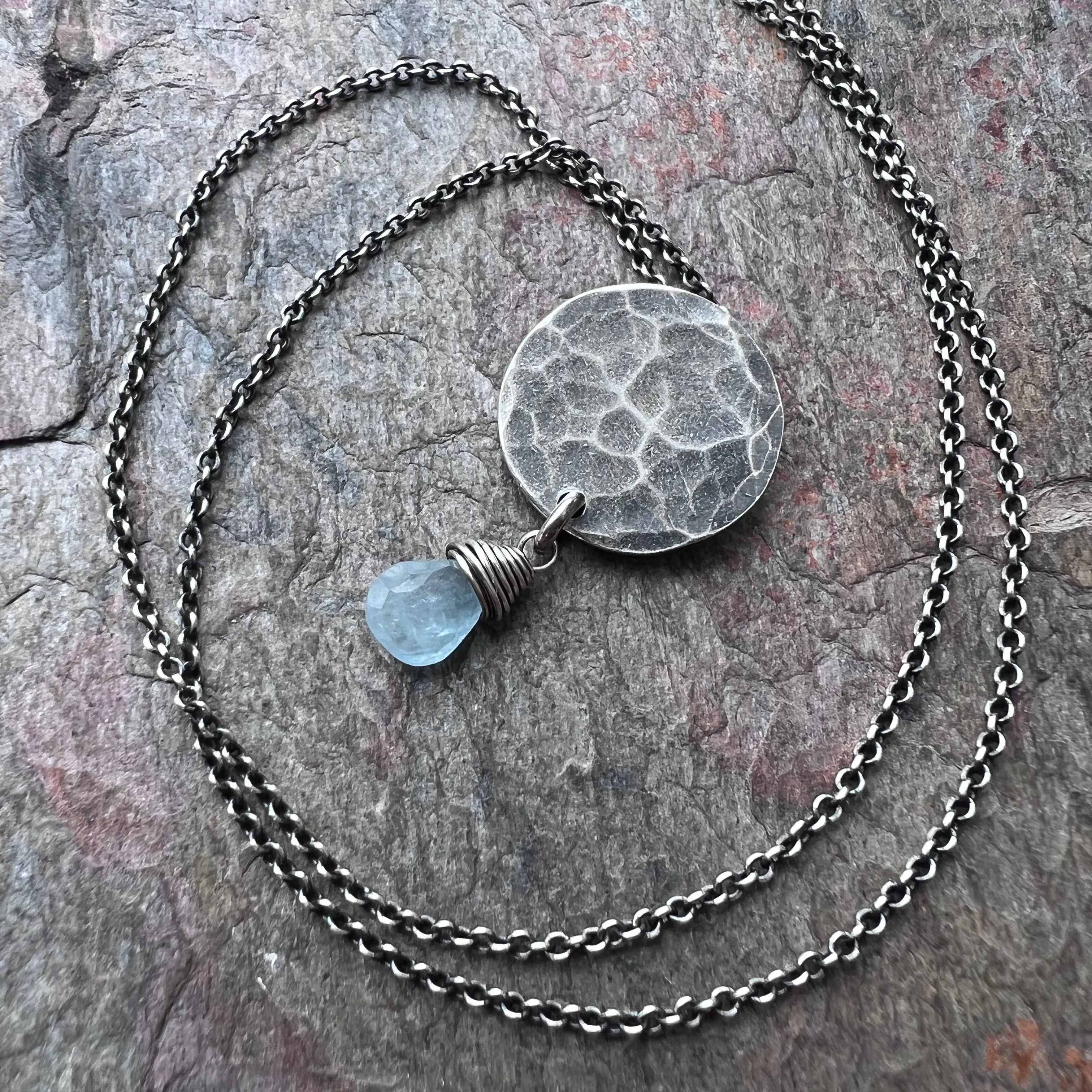 Aquamarine Sterling Silver Necklace - Genuine Aquamarine Teardrop on Hammered Sterling Silver Circle Necklace