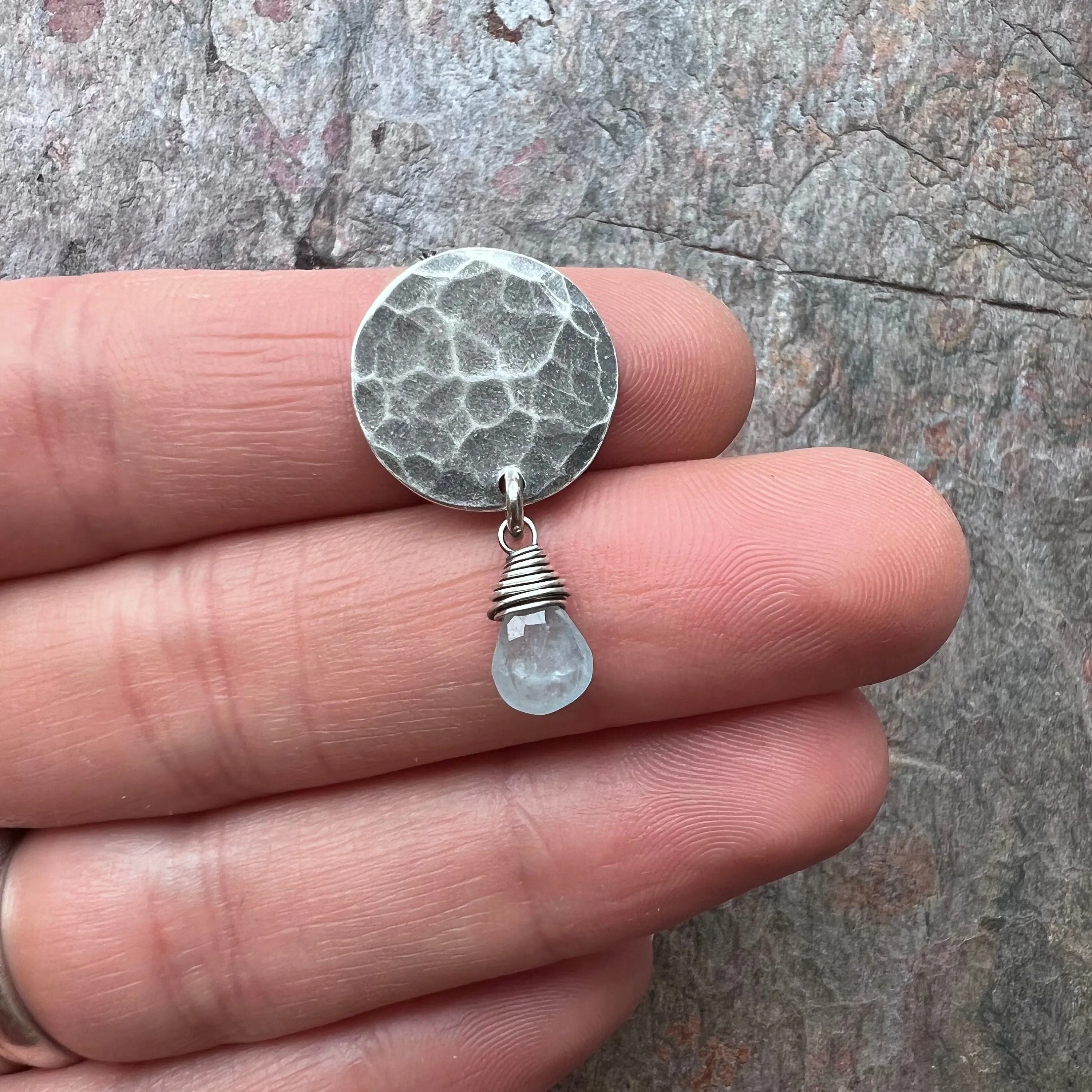 Aquamarine Sterling Silver Necklace - Genuine Aquamarine Teardrop on Hammered Sterling Silver Circle Necklace