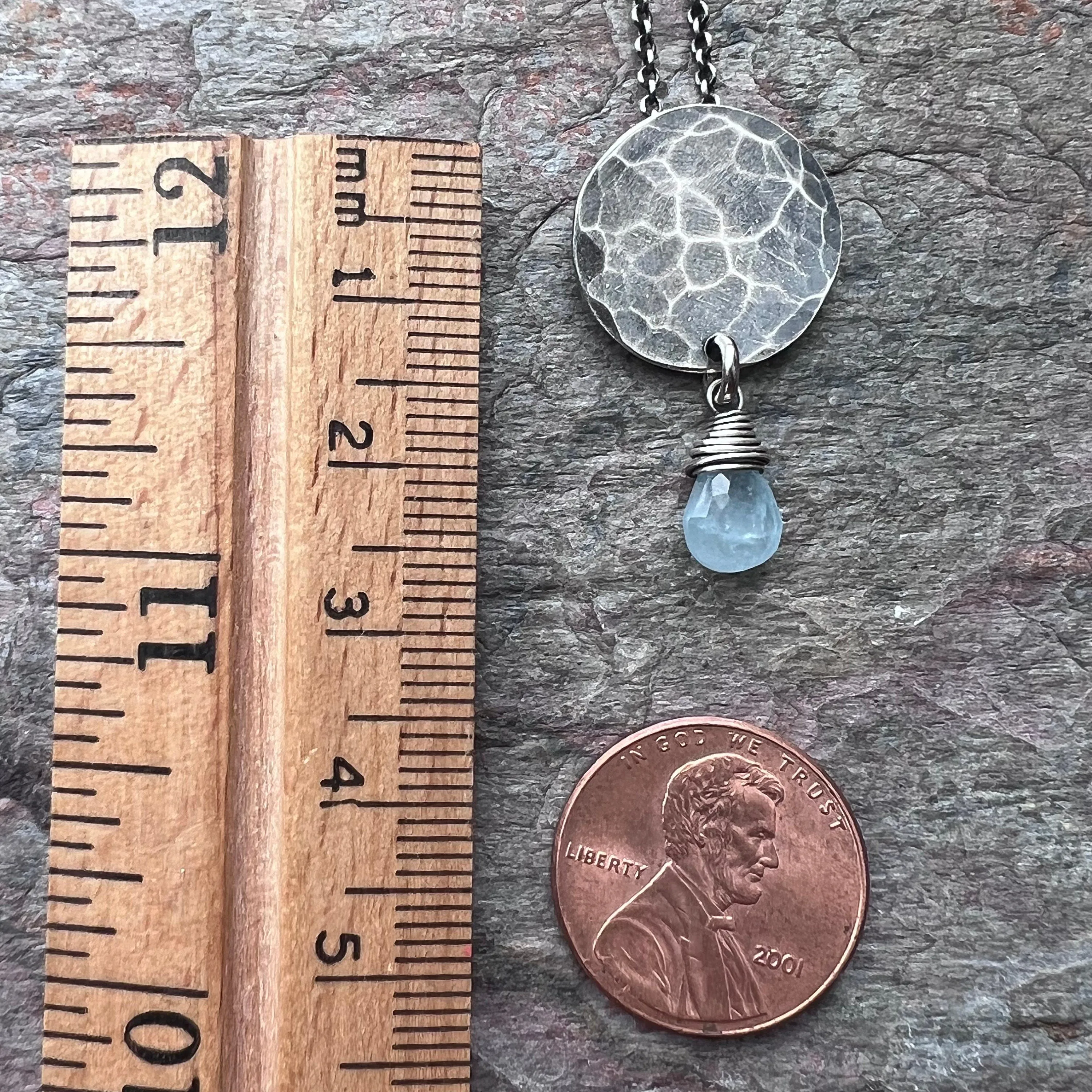 Aquamarine Sterling Silver Necklace - Genuine Aquamarine Teardrop on Hammered Sterling Silver Circle Necklace