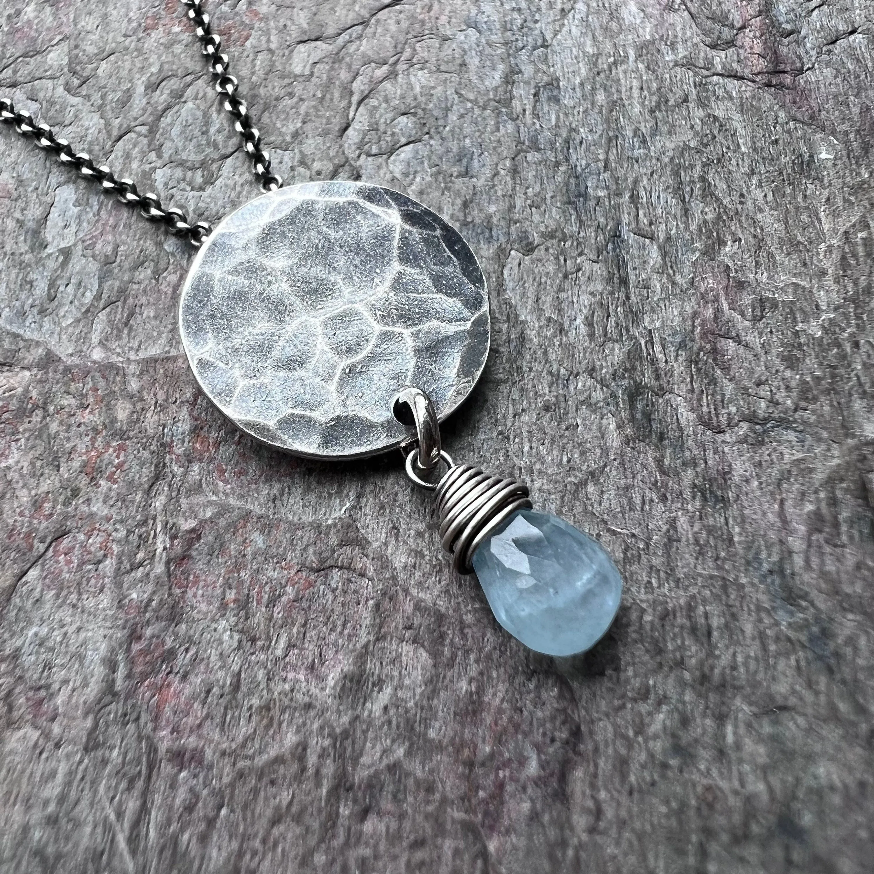 Aquamarine Sterling Silver Necklace - Genuine Aquamarine Teardrop on Hammered Sterling Silver Circle Necklace