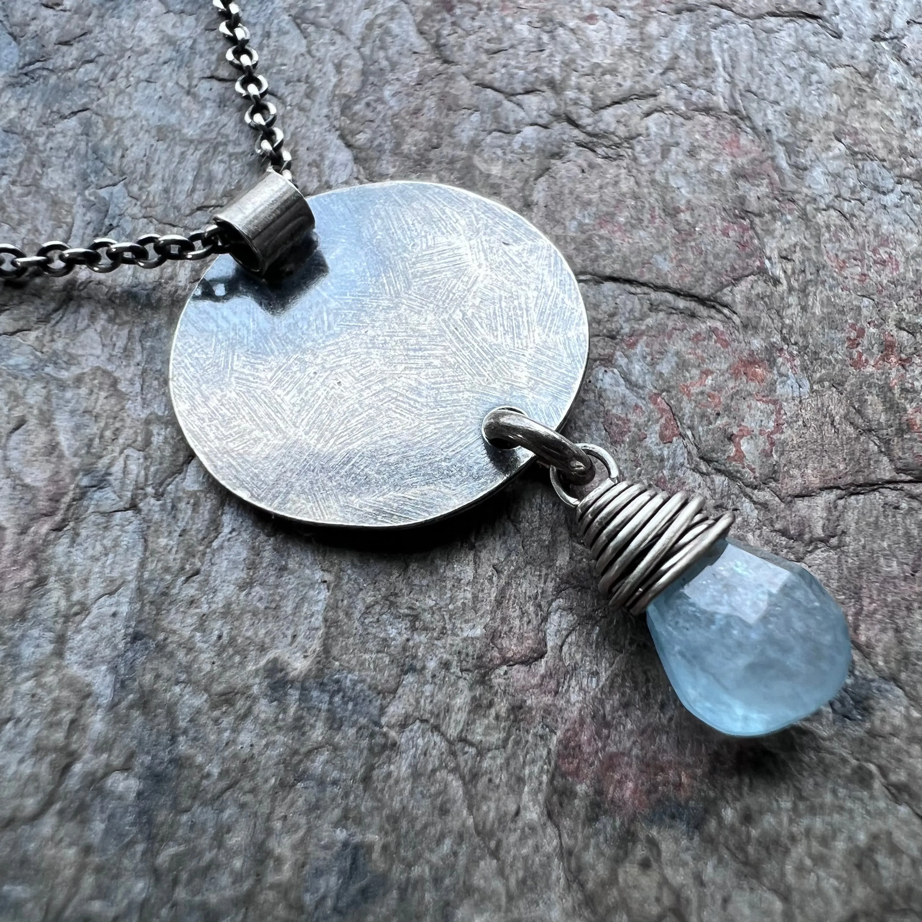 Aquamarine Sterling Silver Necklace - Genuine Aquamarine Teardrop on Hammered Sterling Silver Circle Necklace
