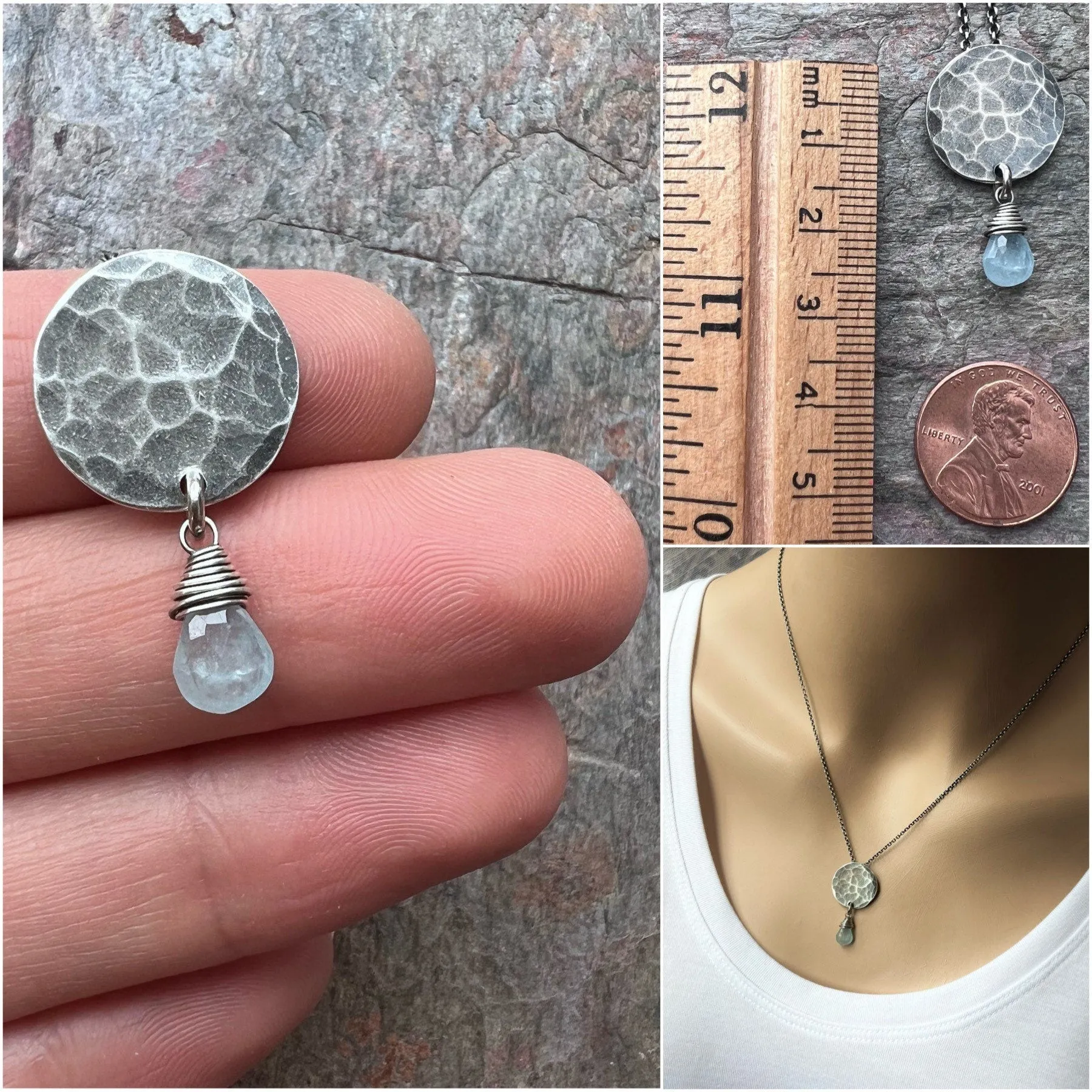 Aquamarine Sterling Silver Necklace - Genuine Aquamarine Teardrop on Hammered Sterling Silver Circle Necklace