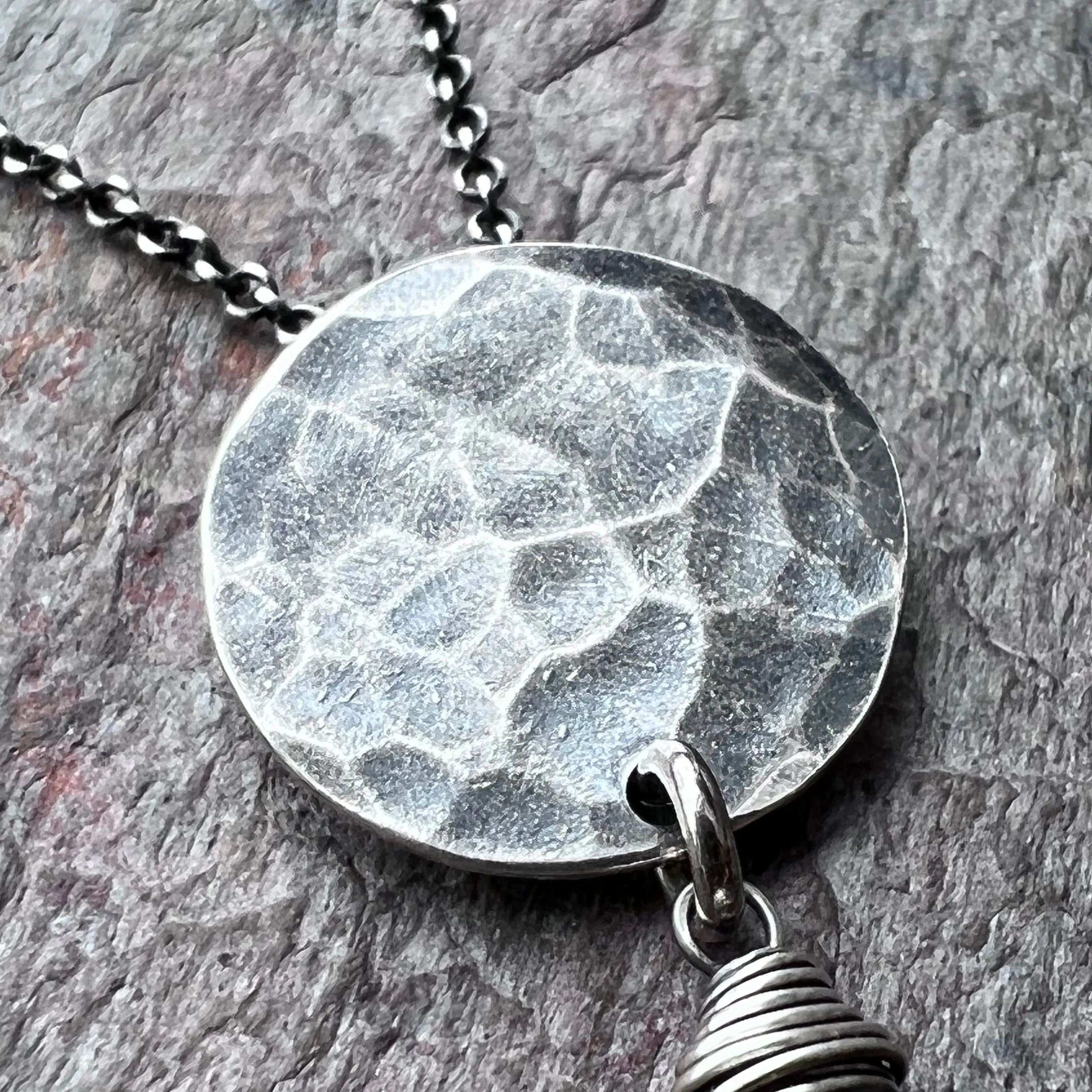 Aquamarine Sterling Silver Necklace - Genuine Aquamarine Teardrop on Hammered Sterling Silver Circle Necklace