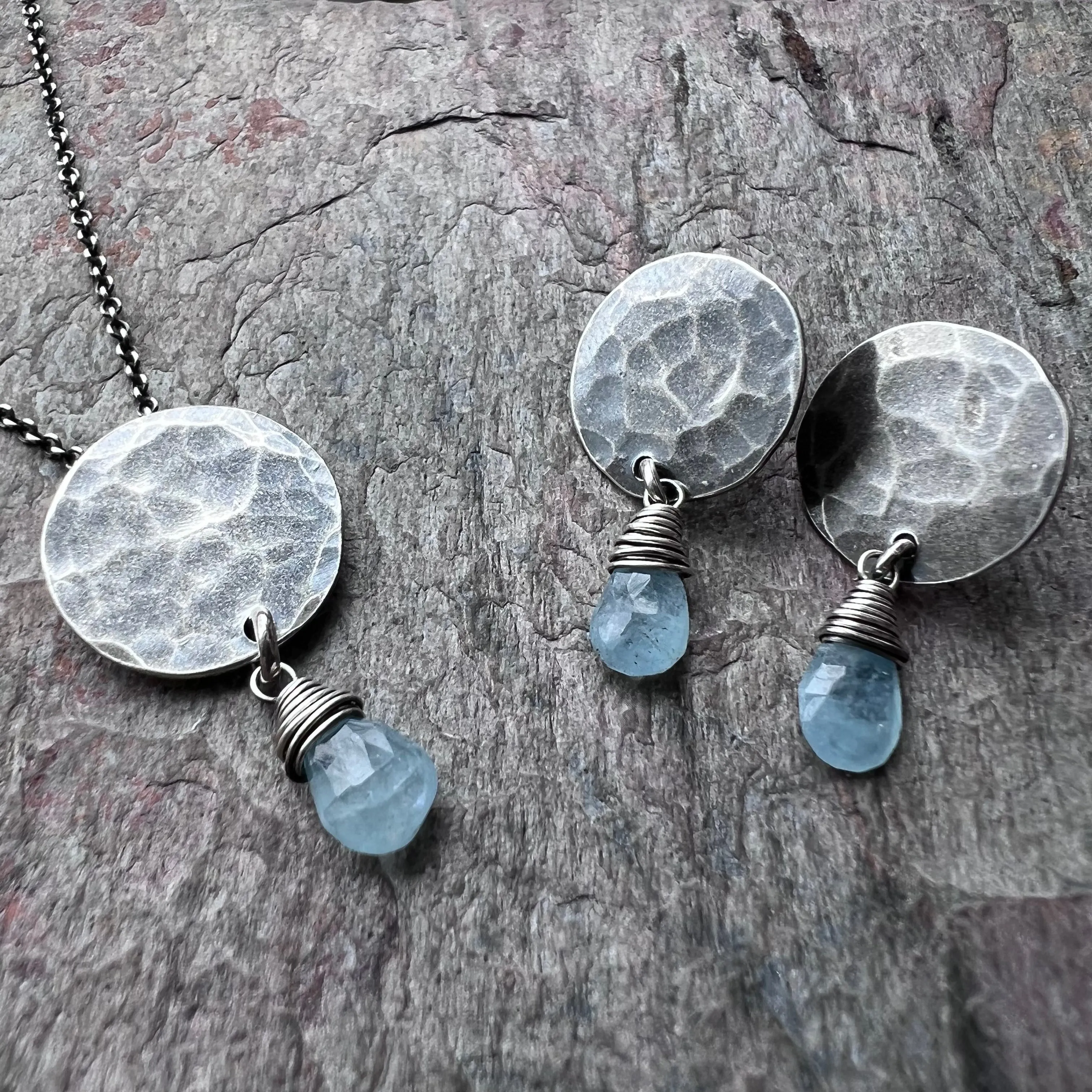 Aquamarine Sterling Silver Necklace - Genuine Aquamarine Teardrop on Hammered Sterling Silver Circle Necklace