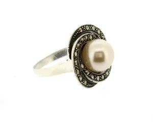 Art Deco Ring Silver Glass Pearl Marcasite